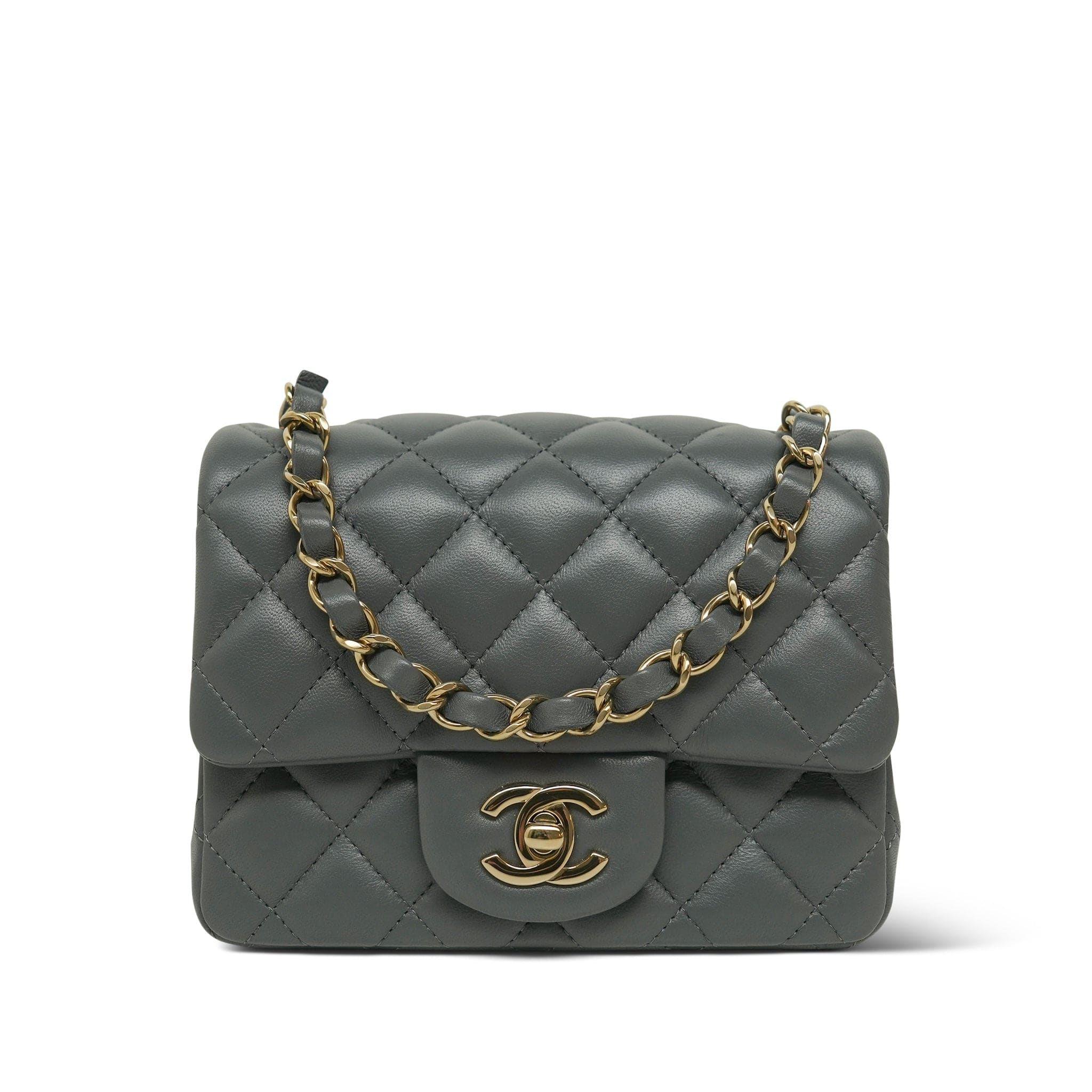 25B Dark Grey Lambskin Quilted Mini Square Flap Light Gold