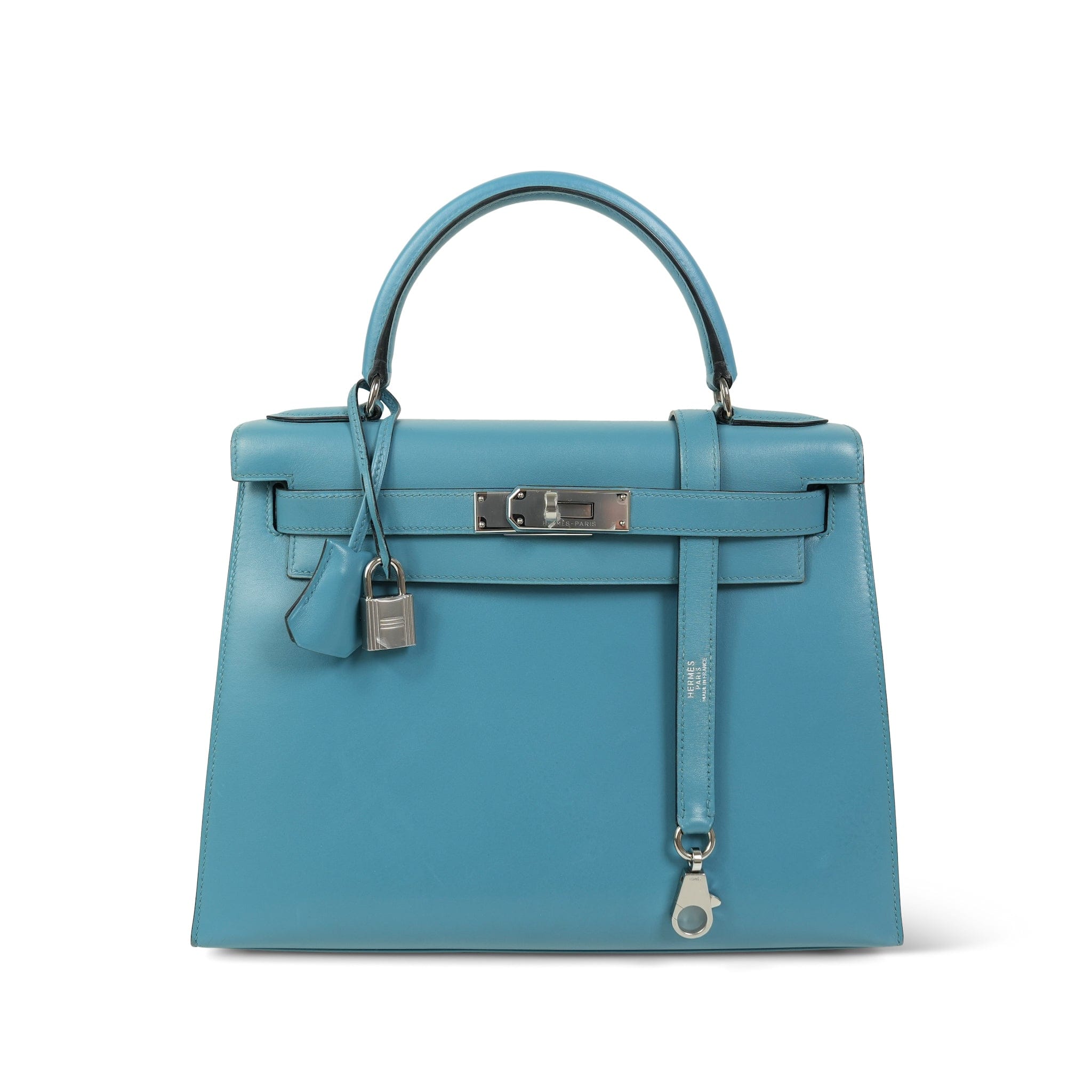 Kelly Sellier 28 Bleu Jean Box Calfskin Palladium Plated C Square
