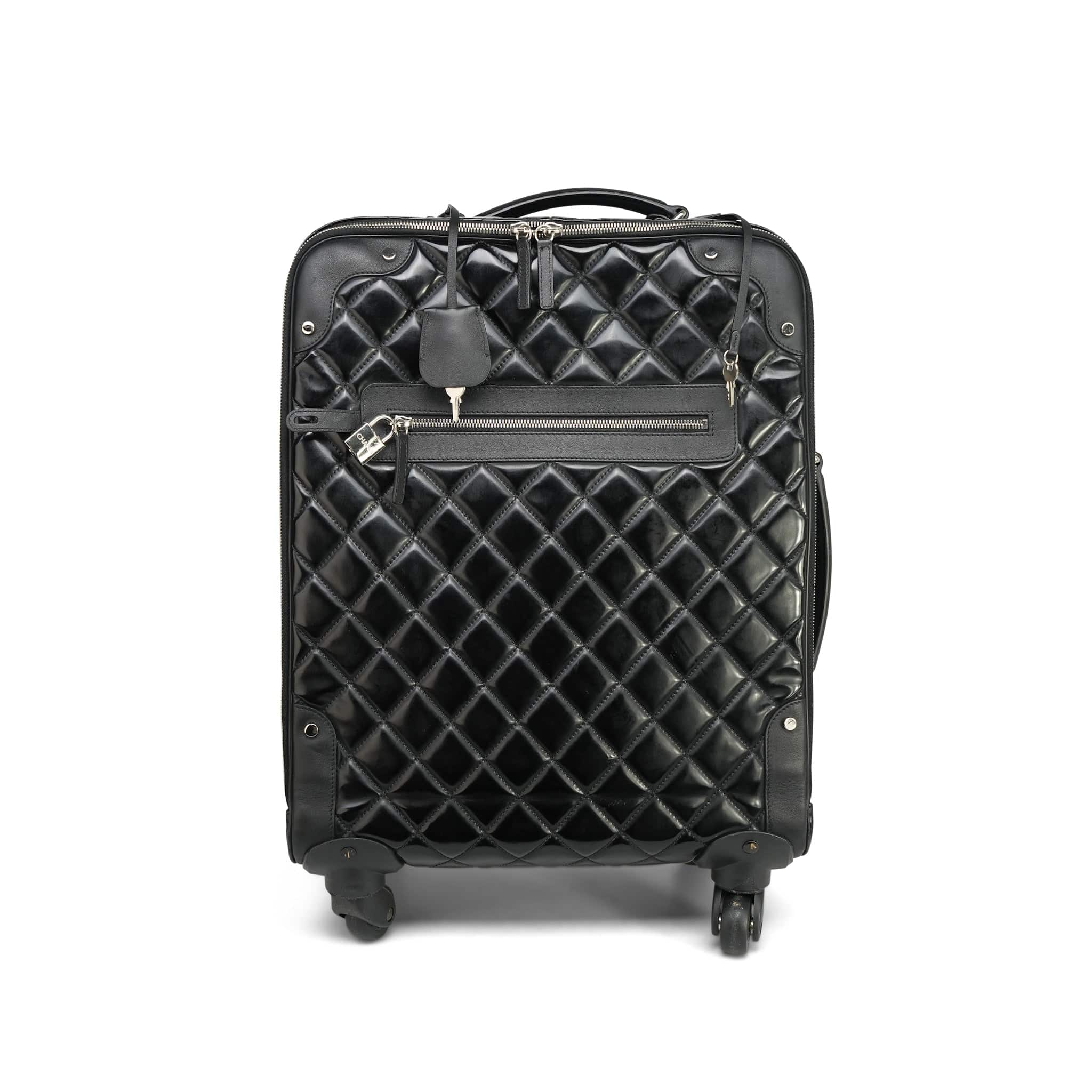 Chanel Black Vinyl Calfskin Quilted Trolley Rolling Luggage Silver