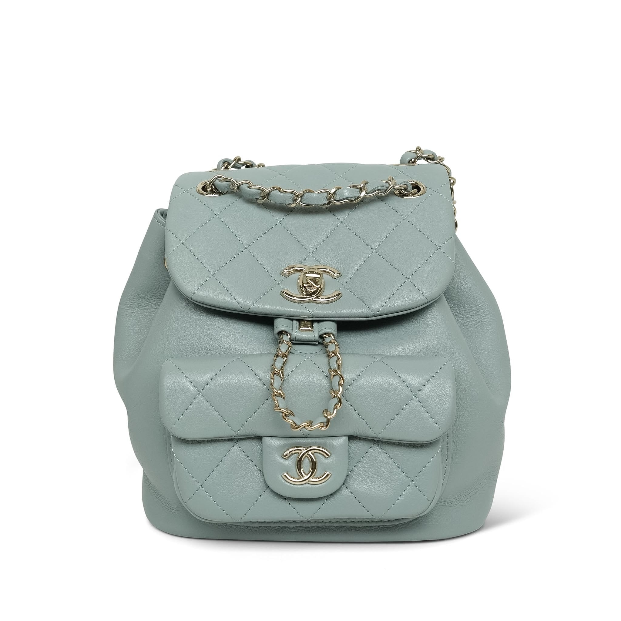 23C Light Grey/Green Calfskin Quilted Duma Backpack Mini LGHW – REDELUXE