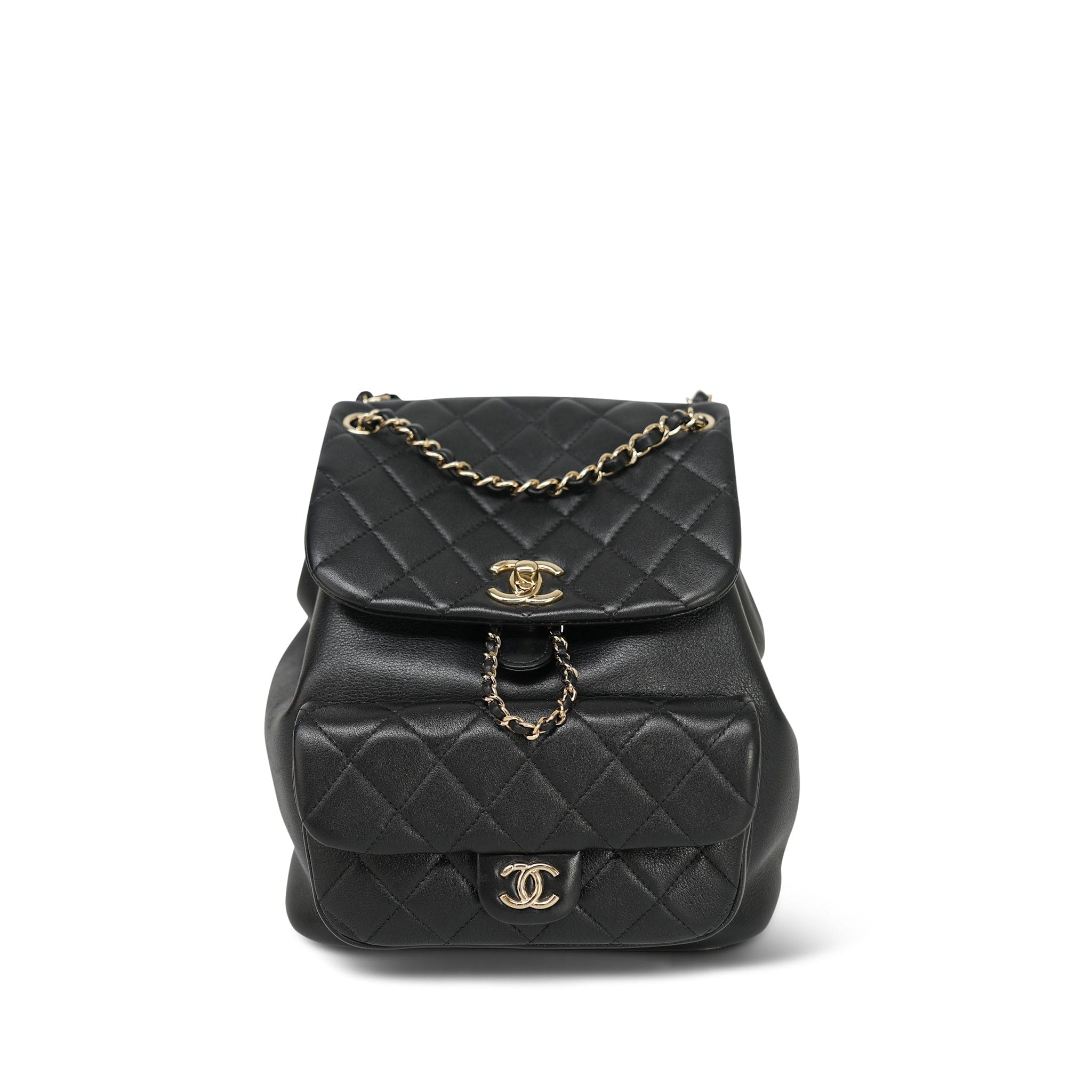black and gold leather backpack large 23C Black Lambskin Quilted Duma Backpack Large Light Gold Hardware – REDELUXE