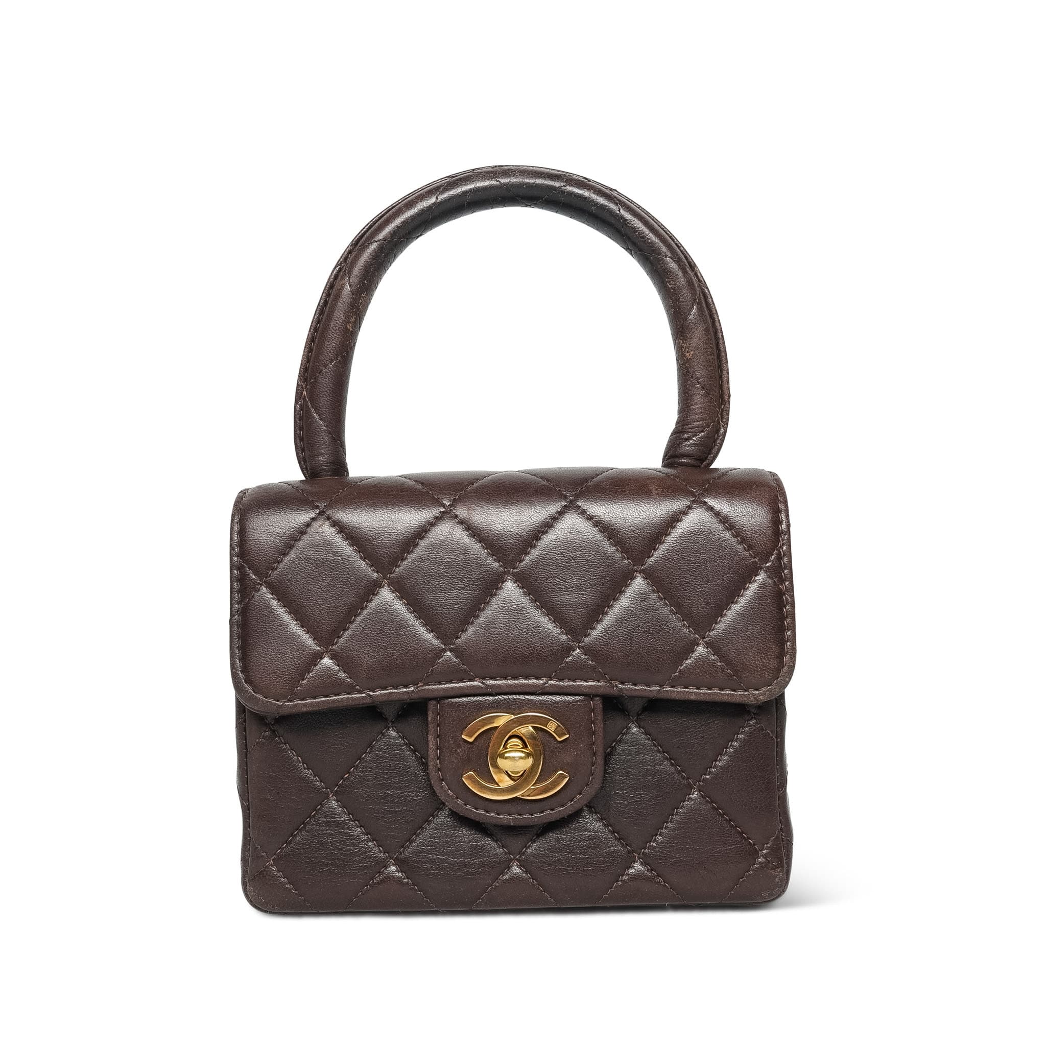 Shop Vintage Brown Lambskin Quilted Micro with Top Handle | Luxury
