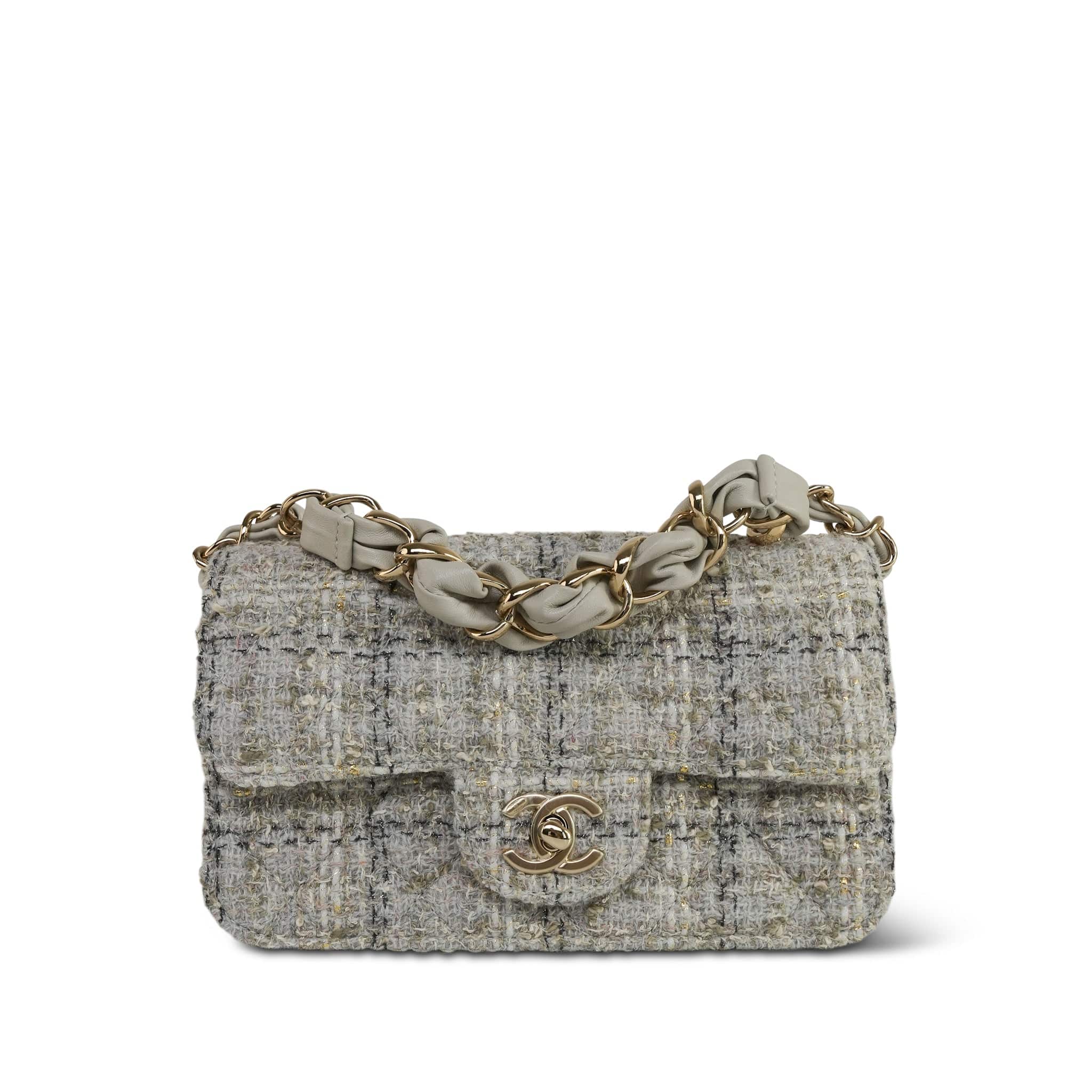 25B Grey Gold Tweed Quilted Chain Top Handle Mini Single