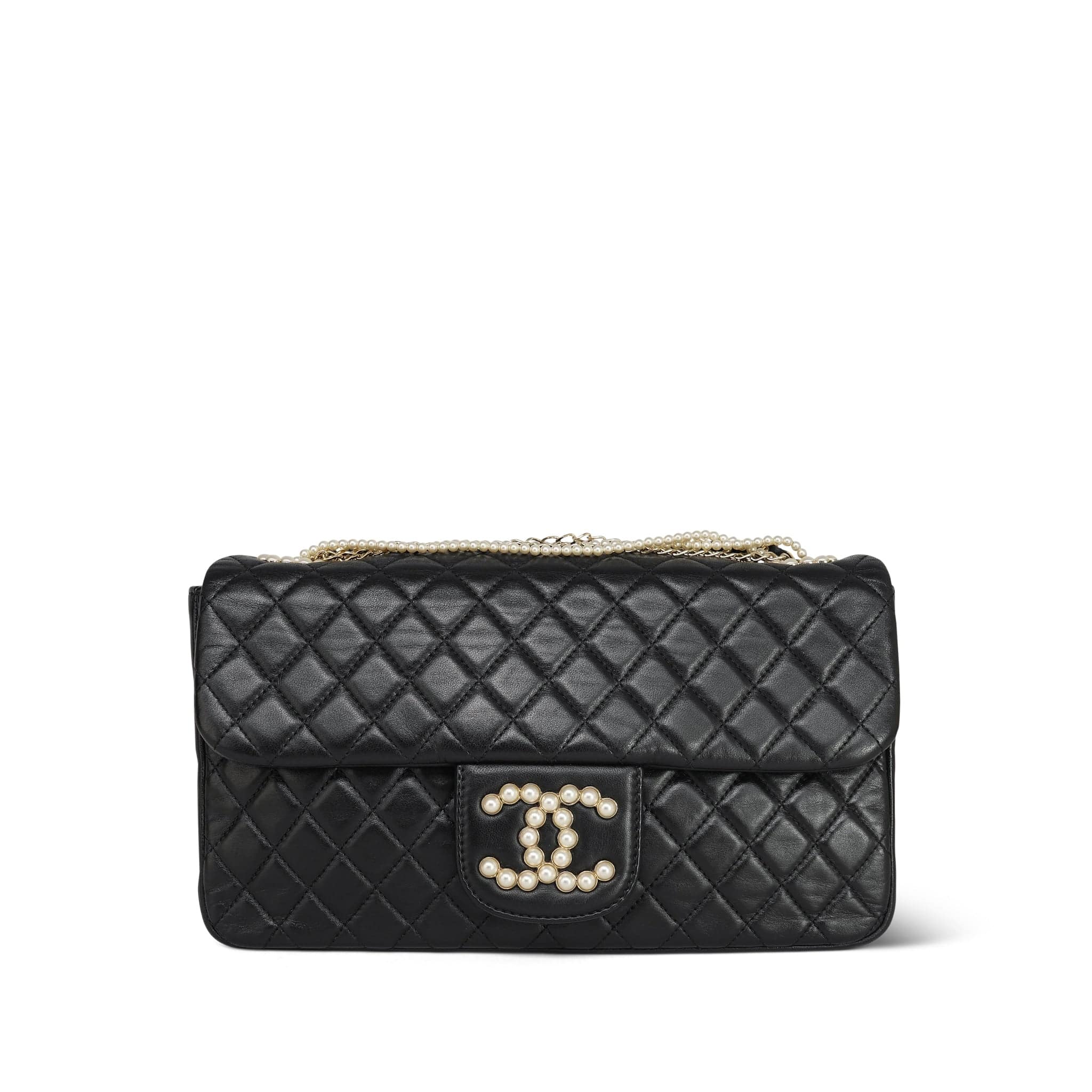 Black Lambskin Quilted Westminster Pearl Flap Bag Light Gold