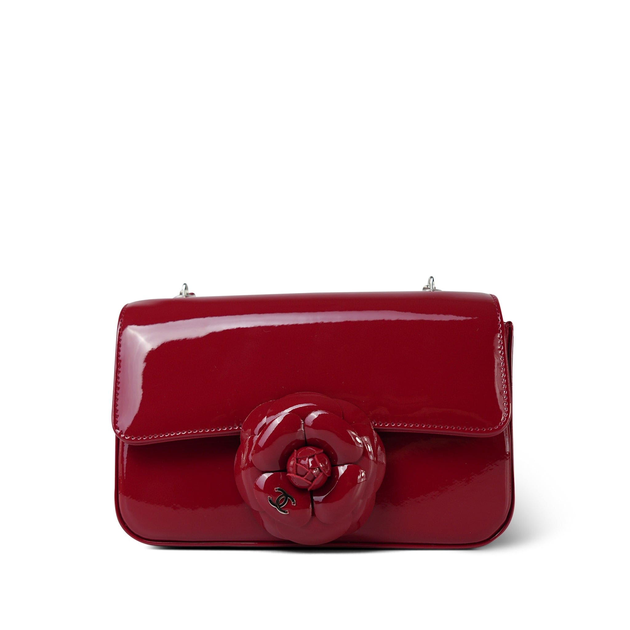 23K Red Patent Camellia Single Flap Bag Silver Hardware – REDELUXE