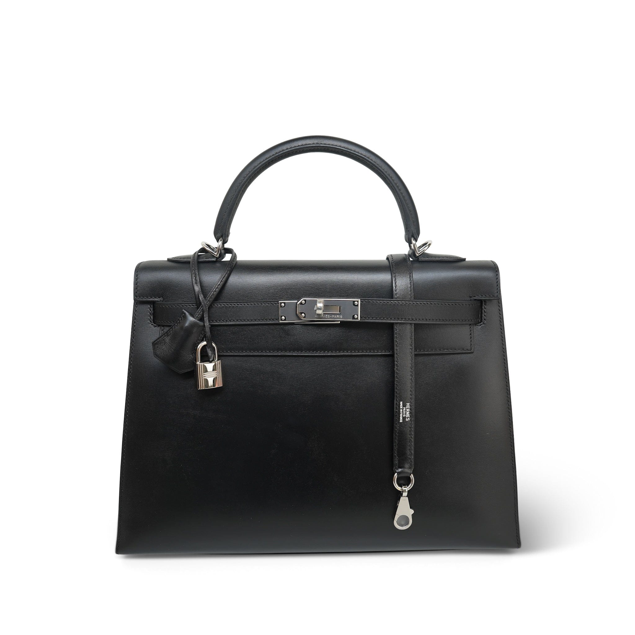 Kelly 32 Black Box Calfskin Palladium Plated J Square Stamp – REDELUXE