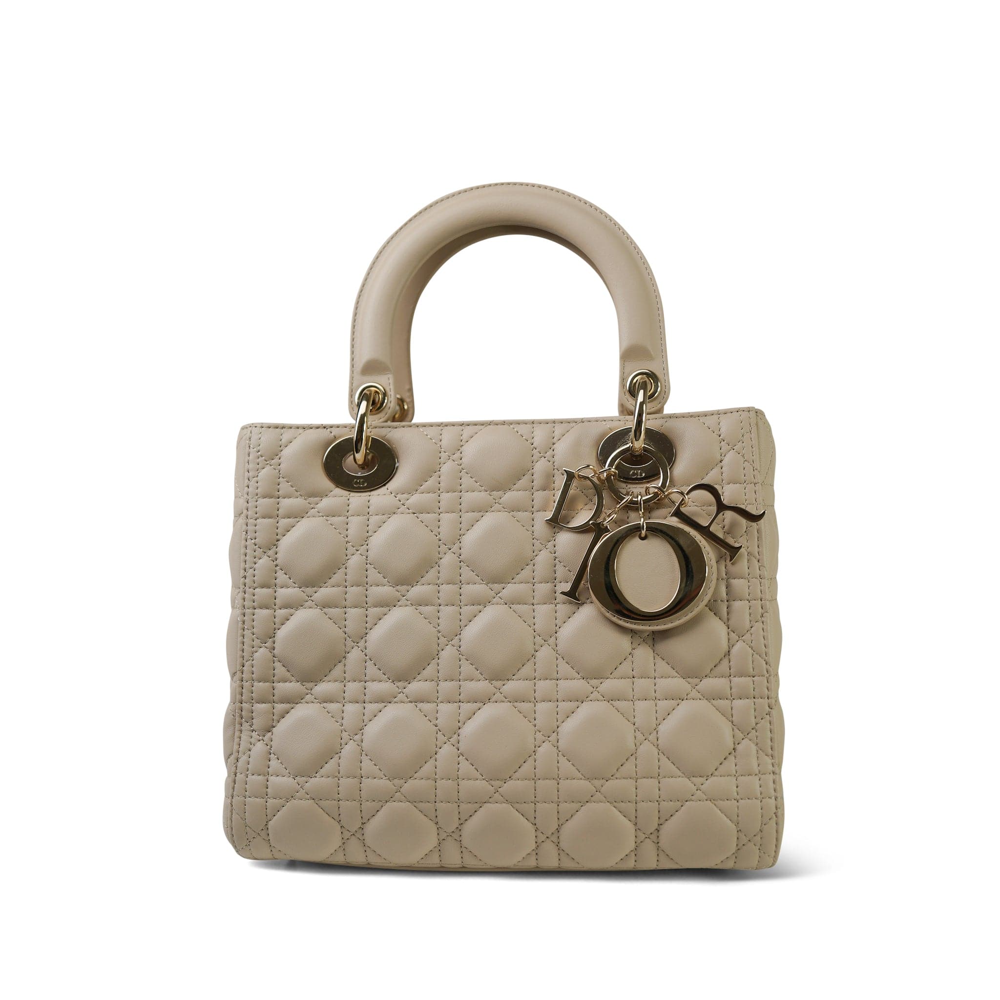 Powder Beige Lambskin Cannage Lady Dior Medium Light Gold Hardware