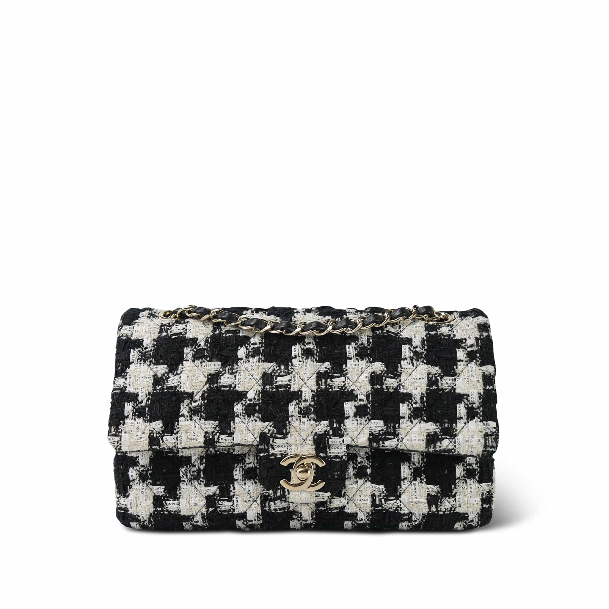 20S Black White Ecru Houndstooth Tweed Quilted Classic Flap Medium