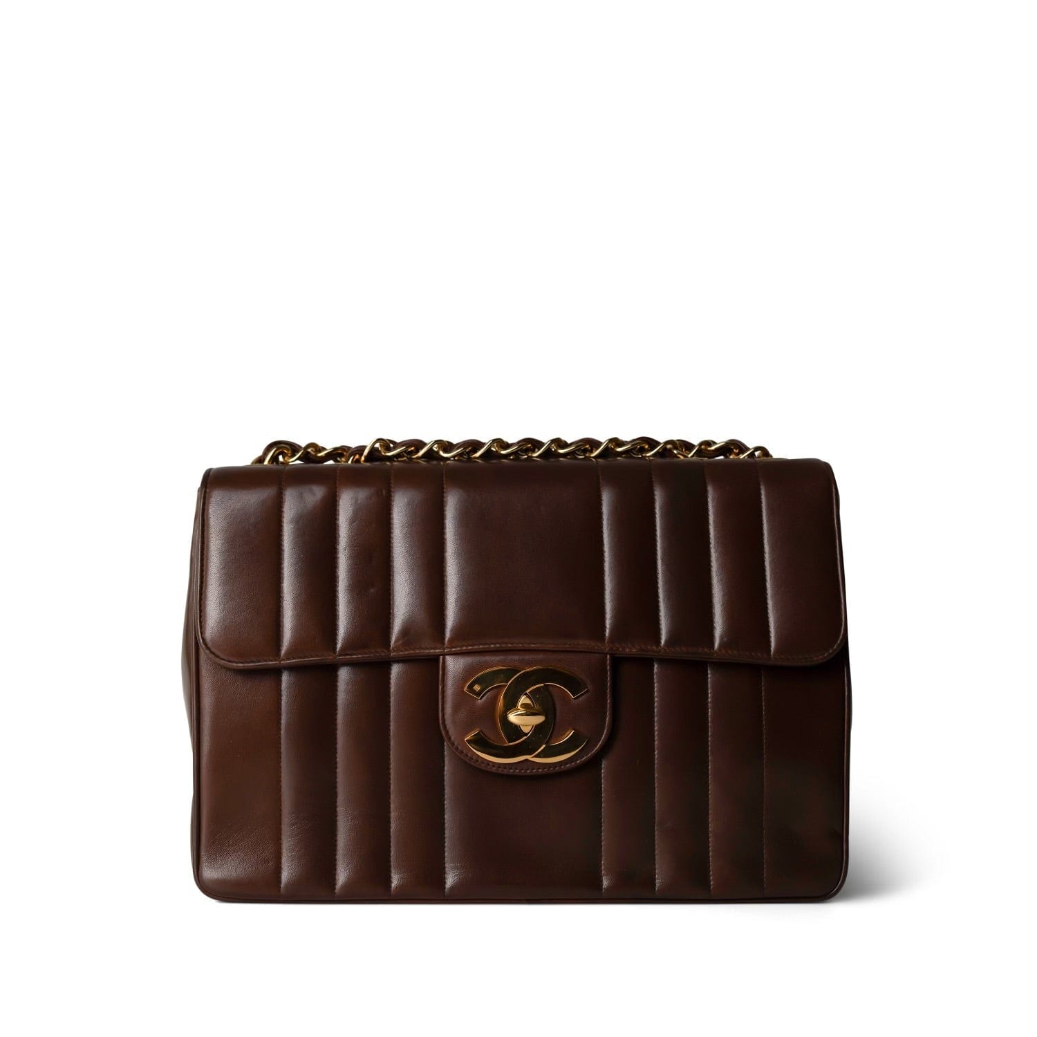 Brown Mademoiselle Lambskin Vertical Flap Jumbo Gold Hardware