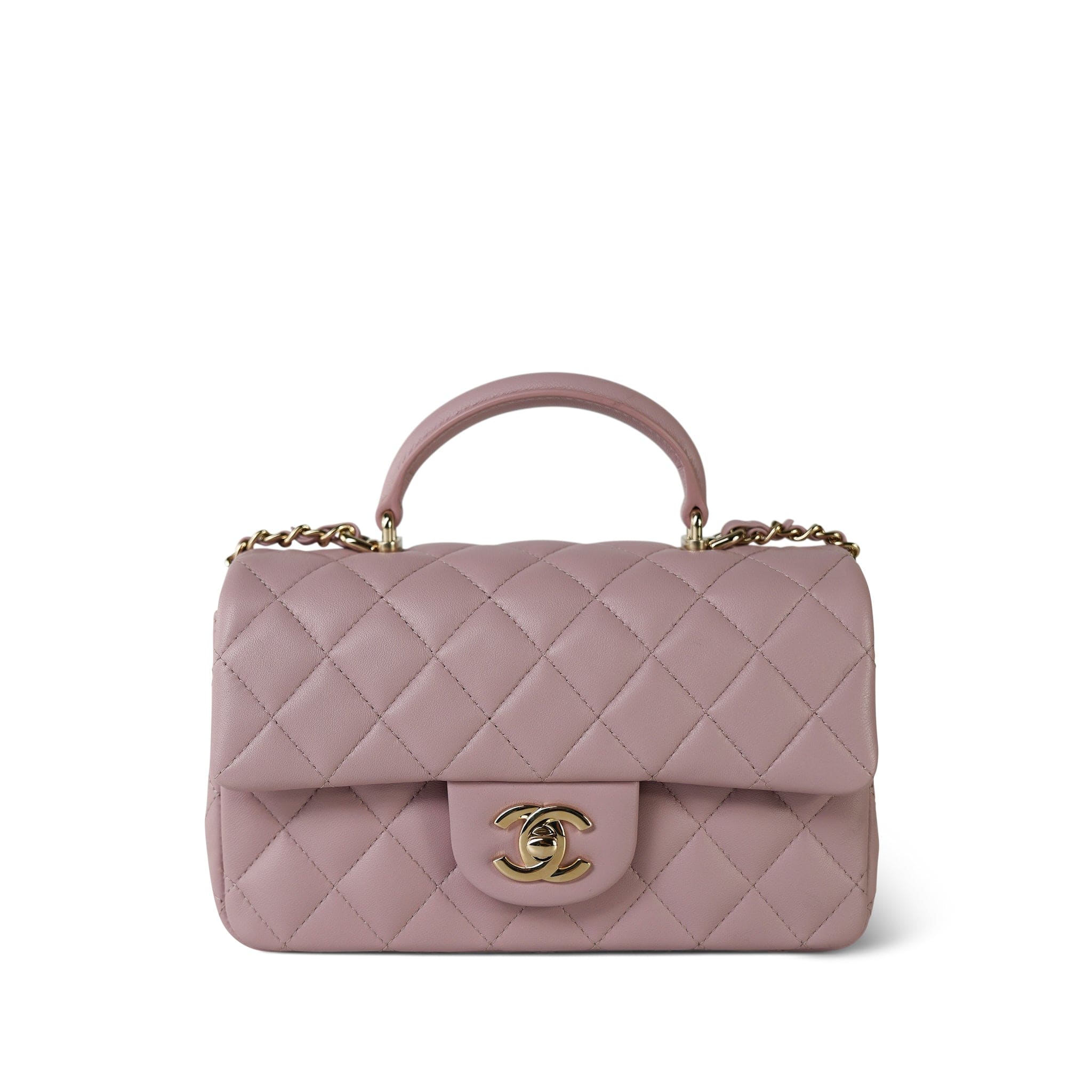 24P Light Pink Lambskin Quilted Mini Top Handle LGHW – REDELUXE