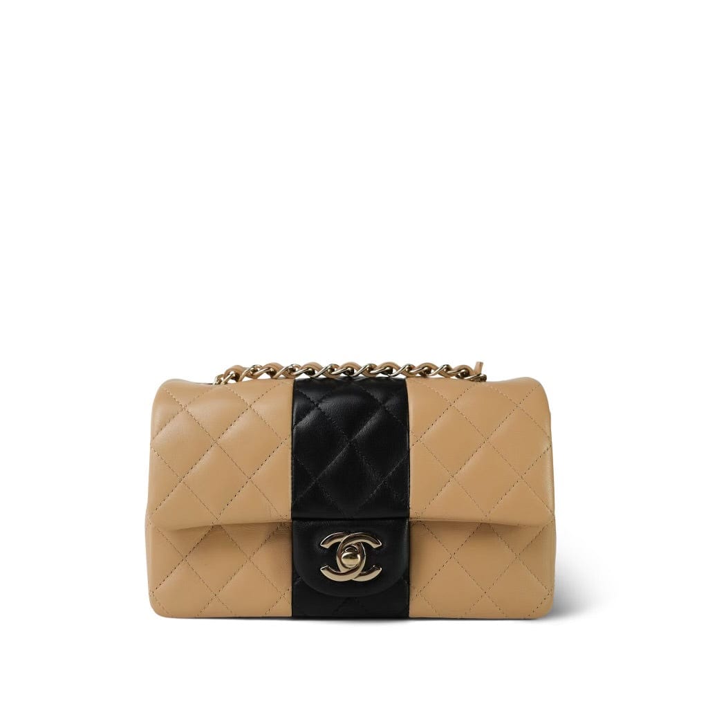 Beige/Black Bi-Color Lambskin Quilted Mini Rectangular Flap Light