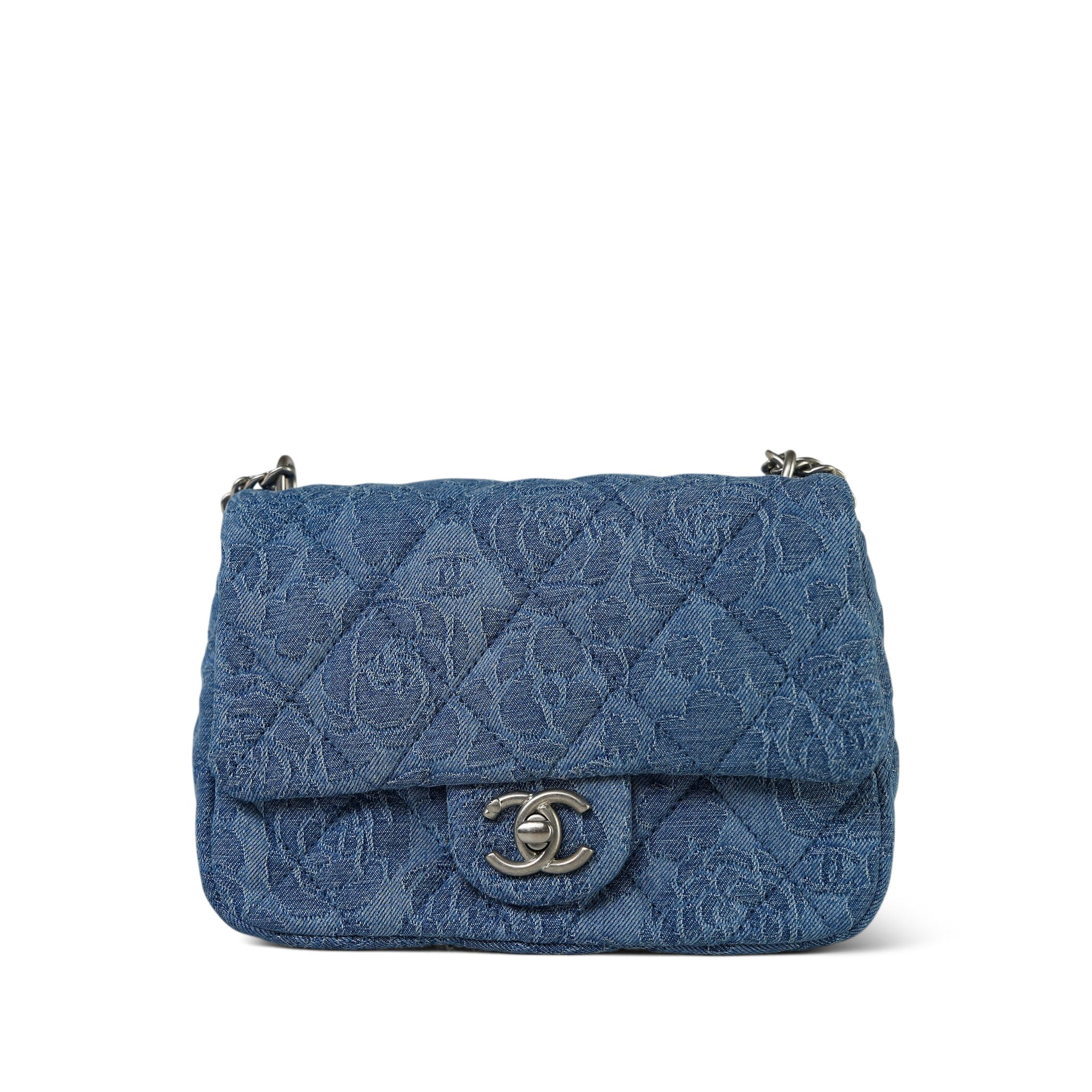 23P Blue Denim Quilted Camellia Mini Sweetheart Single Flap Bag Aged S