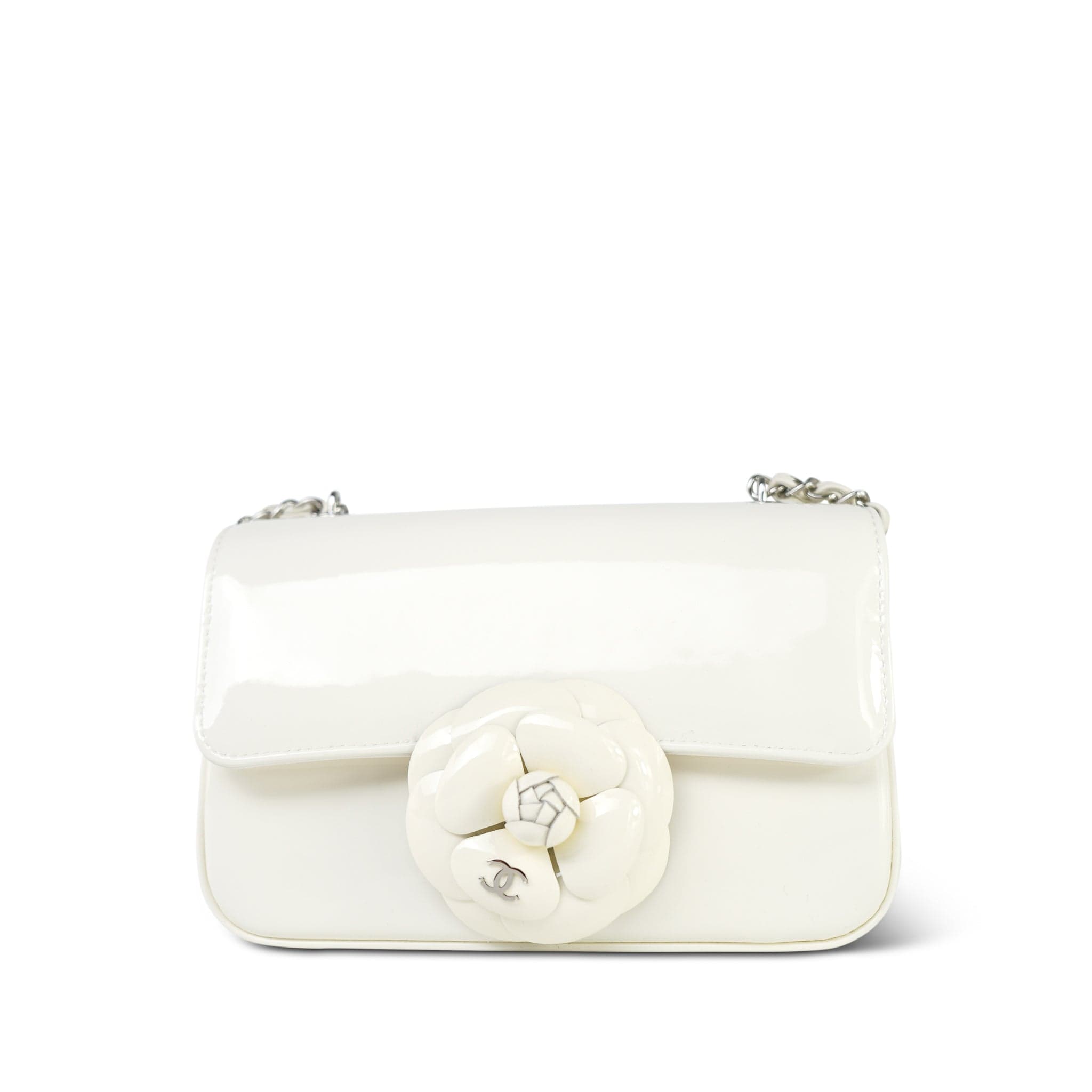 White Patent Camellia Single Flap Bag Silver Hardware – REDELUXE