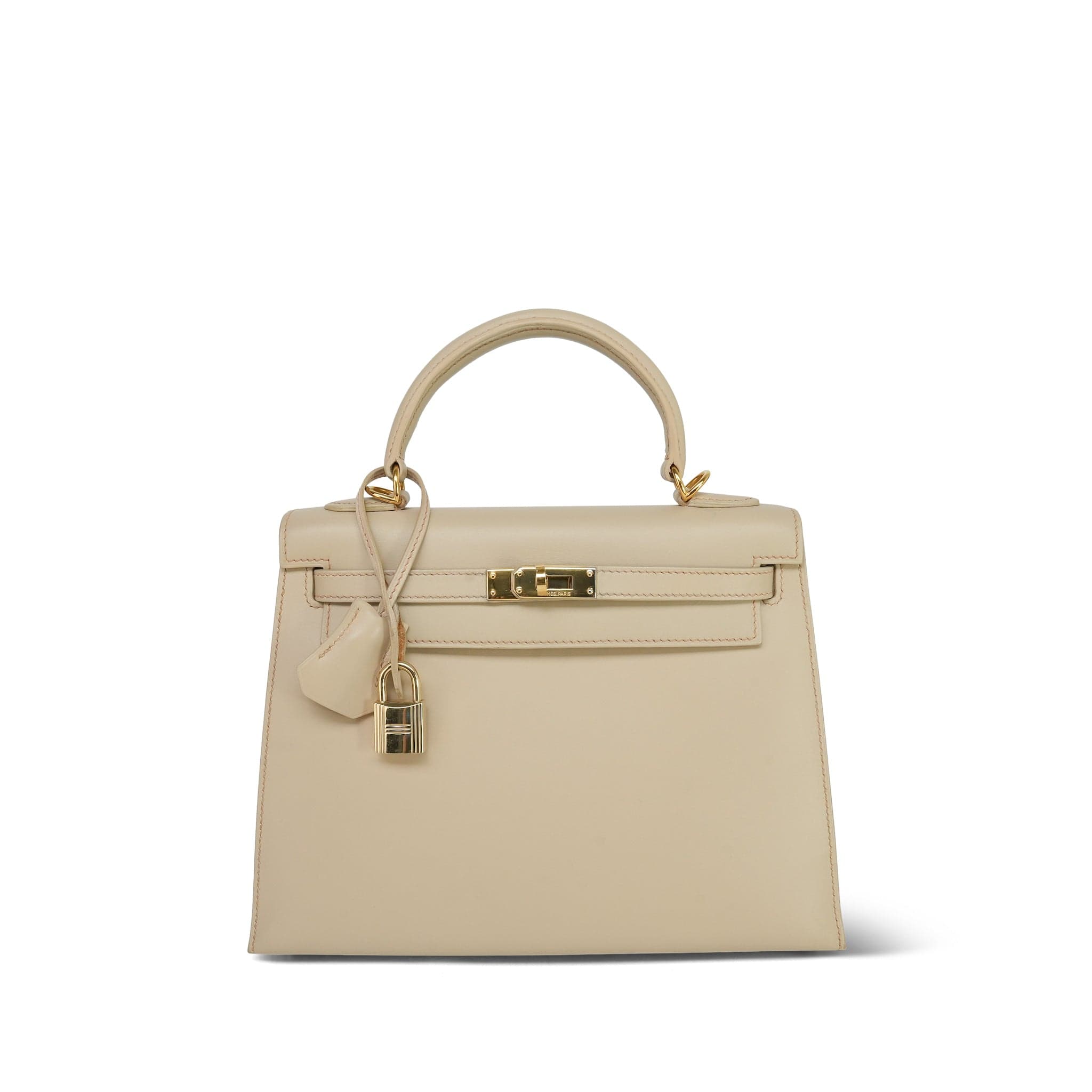 Kelly 25 Beige Box Calfskin Gold Plated E Square Stamp