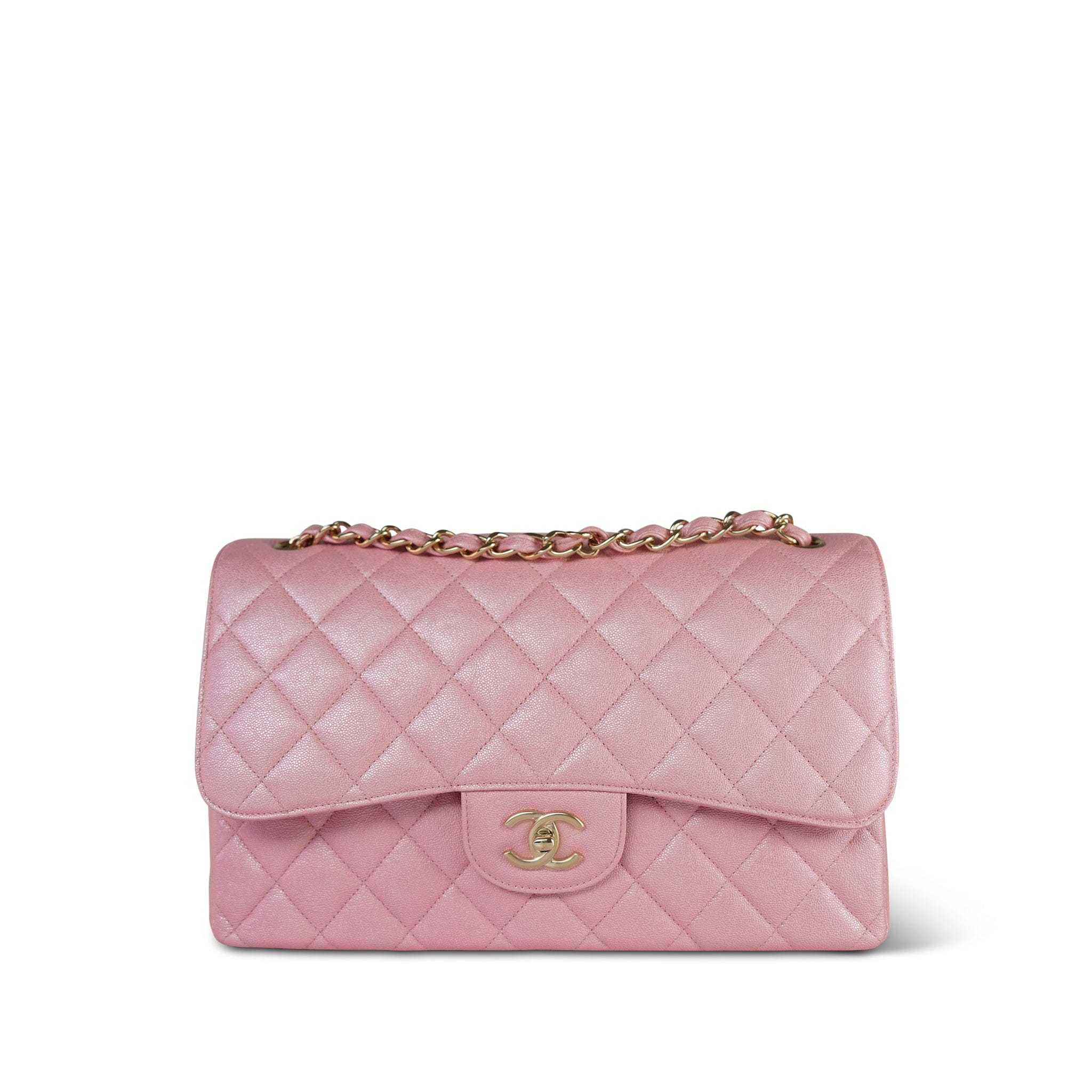 19S Iridescent Pink Caviar Quilted Jumbo Classic Flap Light Gold