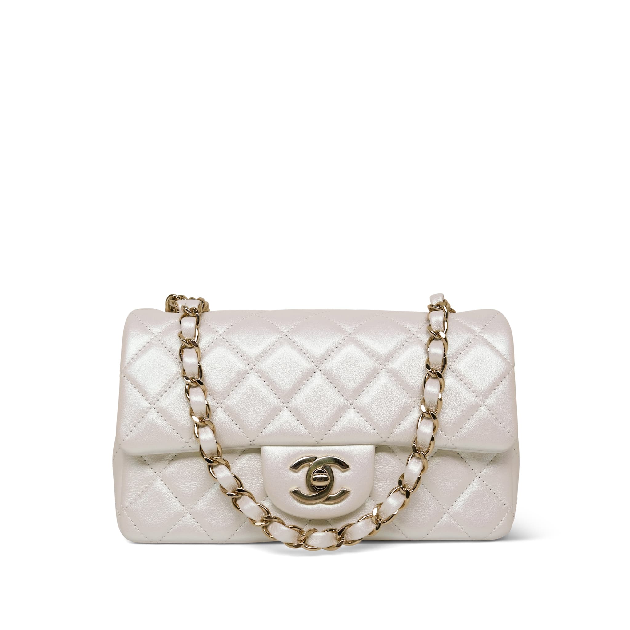 21S White Iridescent Calfskin Mini Rectangular Flap Light Gold