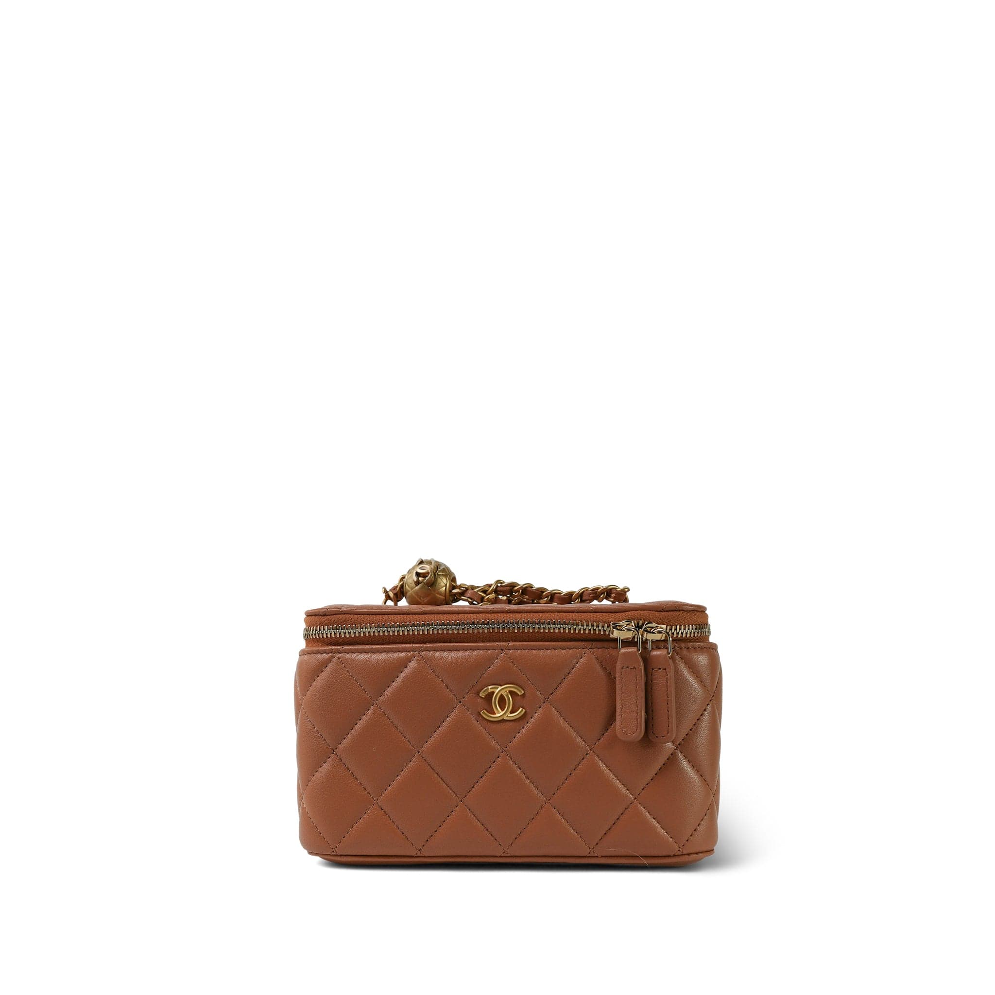 24K Caramel Lambskin Quilted Pearl Crush Vanity Case With Chain