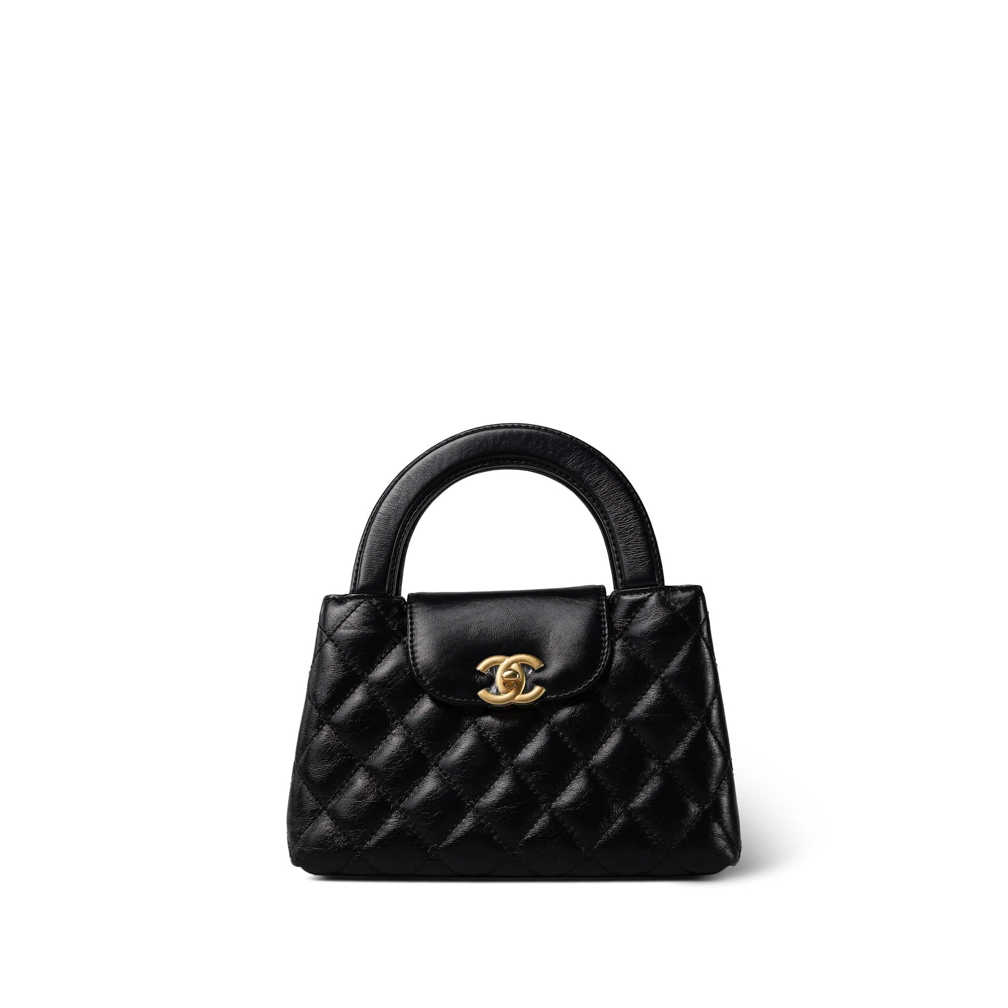 Black Shiny Aged Calfskin Quilted Nano Kelly Shopper Aged Gold