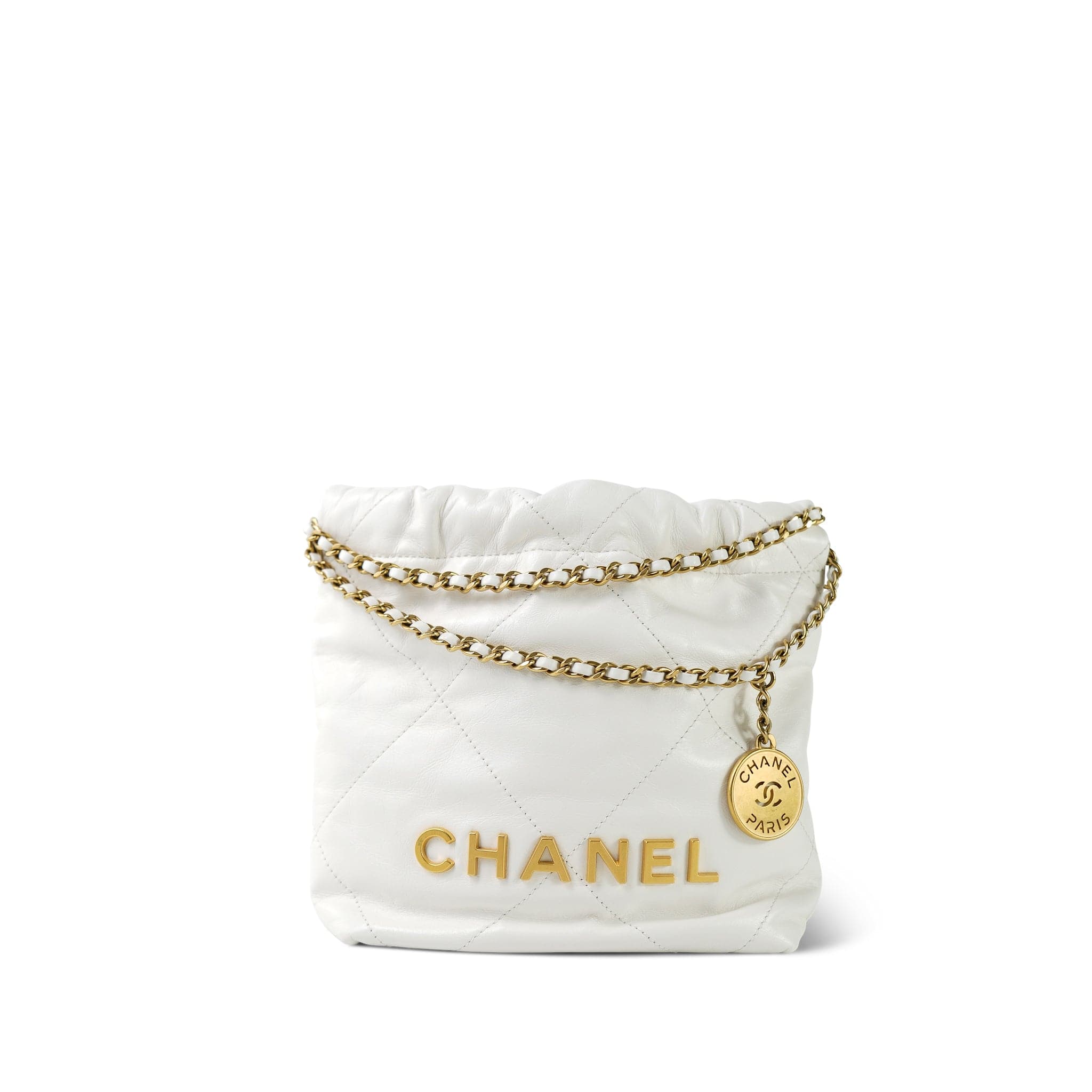 White Calfskin Quilted Mini 22 Bag Aged Gold Hardware – REDELUXE