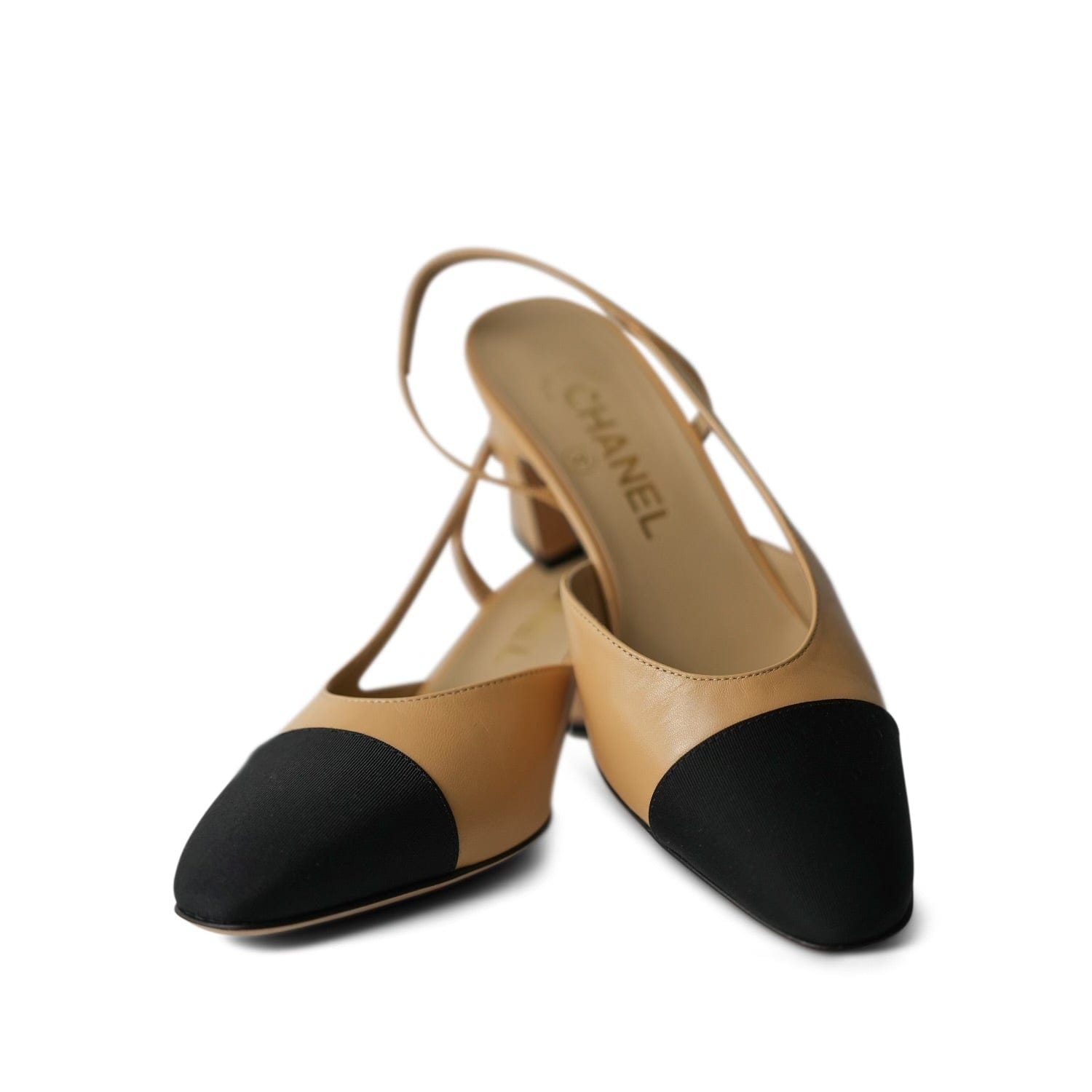 Chanel Beige Black Goatskin Grosgrain Cap Toe CC Slingback Pumps