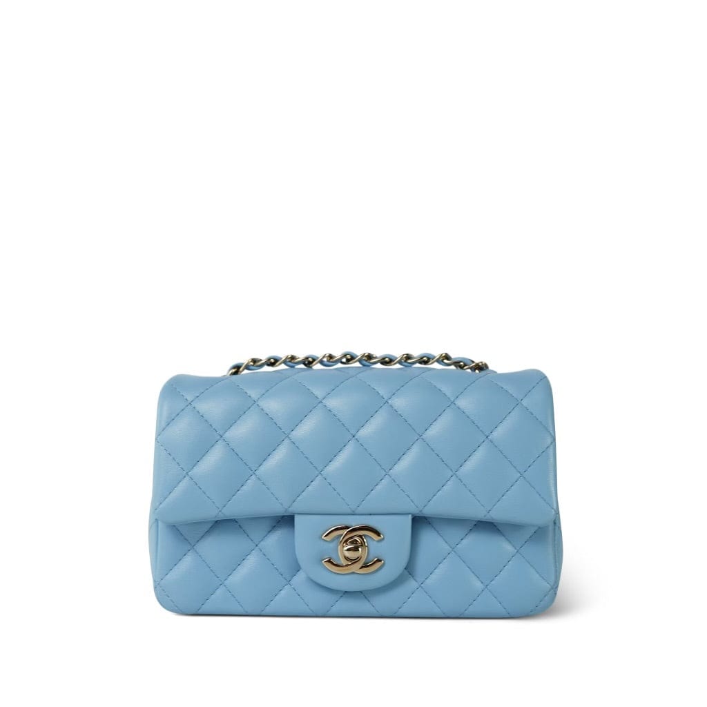Light Blue Lambskin Quilted Mini Rectangular Flap Light Gold