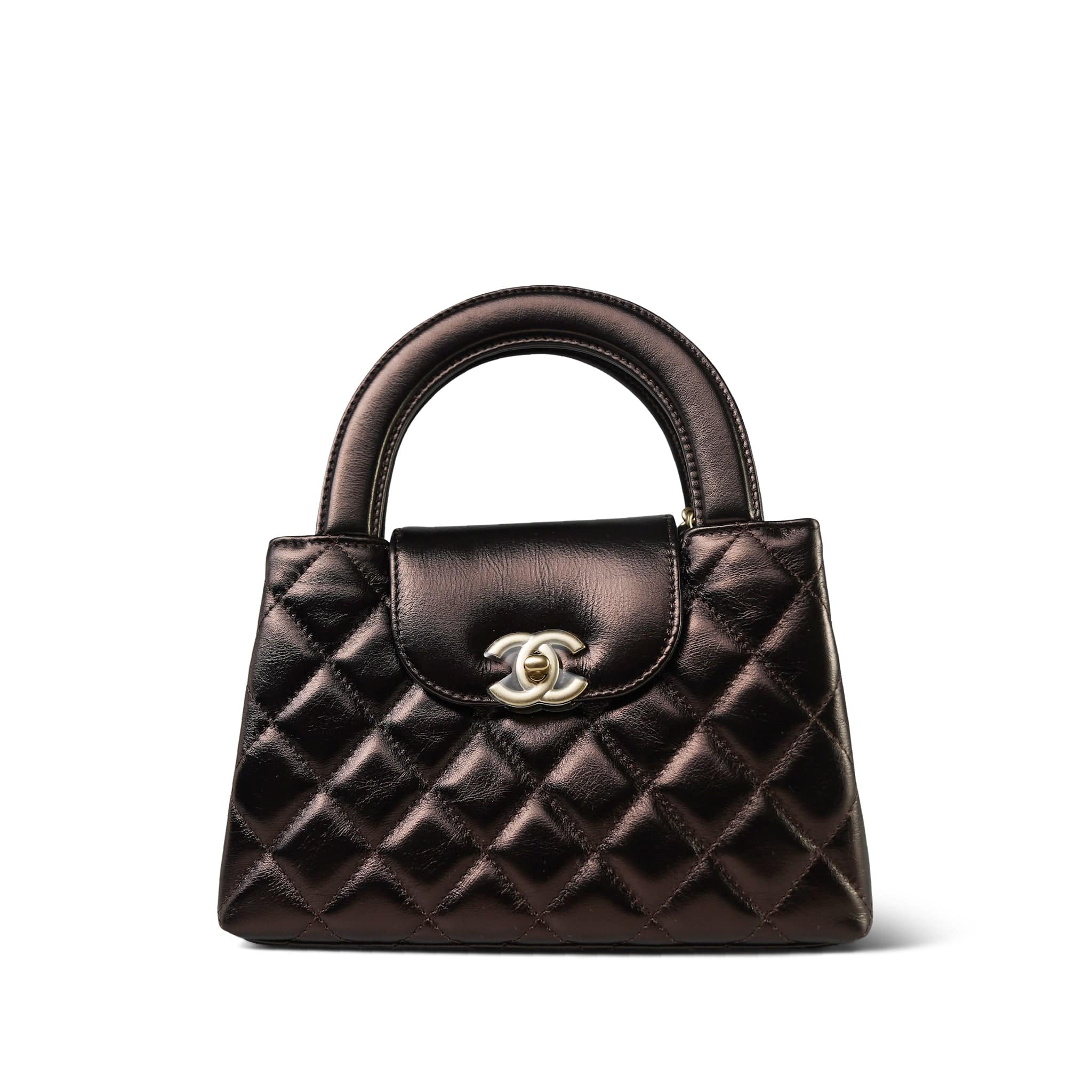 25A Metallic Brown Calfskin Quilted Nano Kelly Shopper Aged Gold