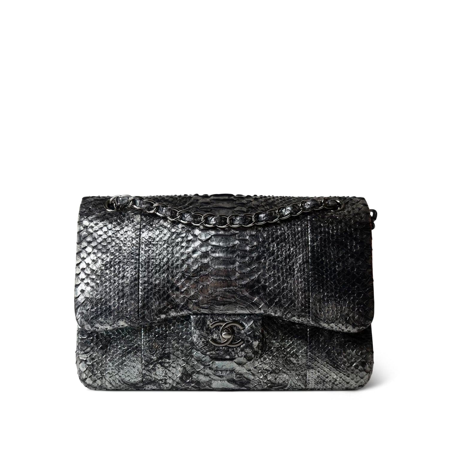 Black Silver Metallic Python Jumbo Double Flap – REDELUXE