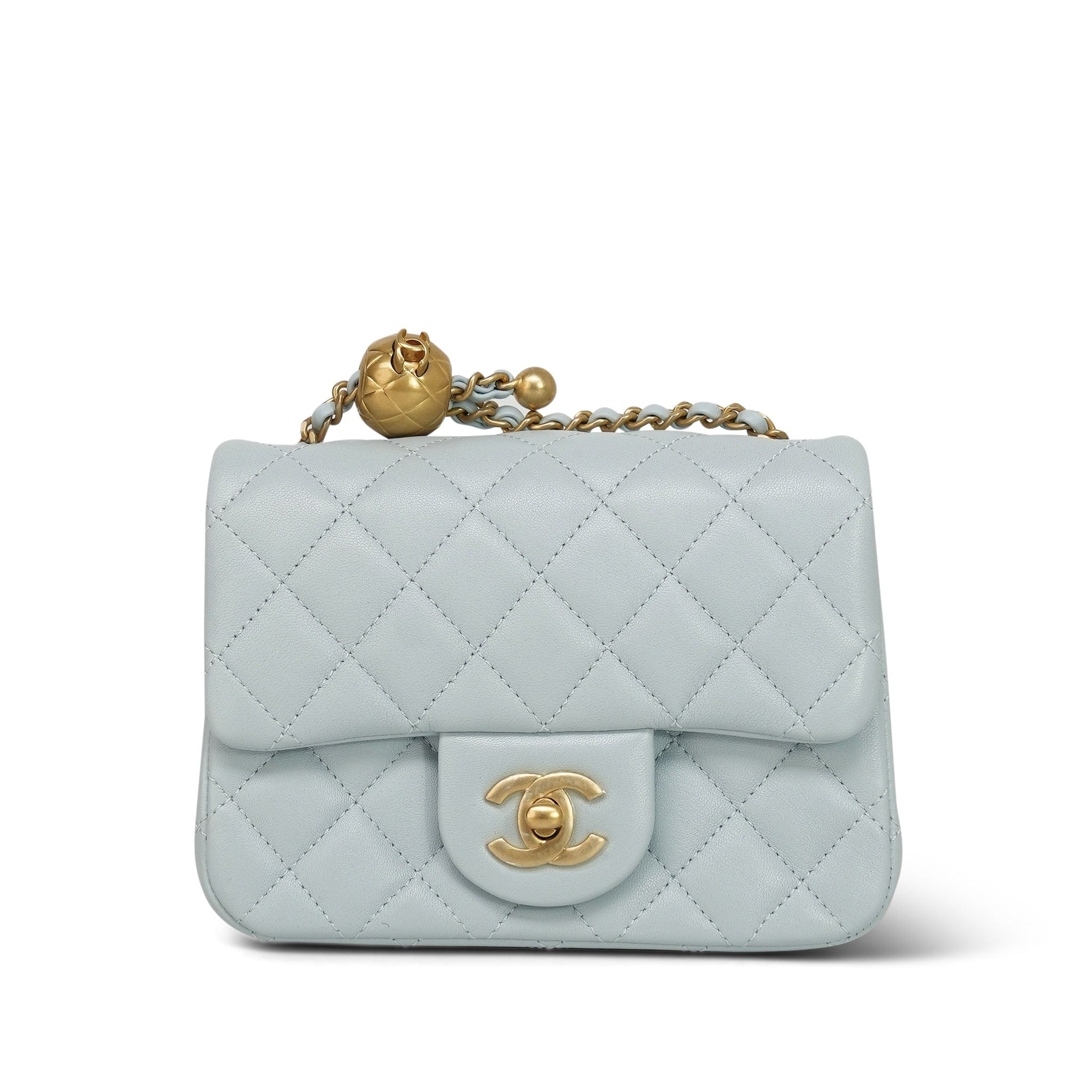 24K Light Blue Lambskin Quilted Pearl Crush Mini Aged Gold