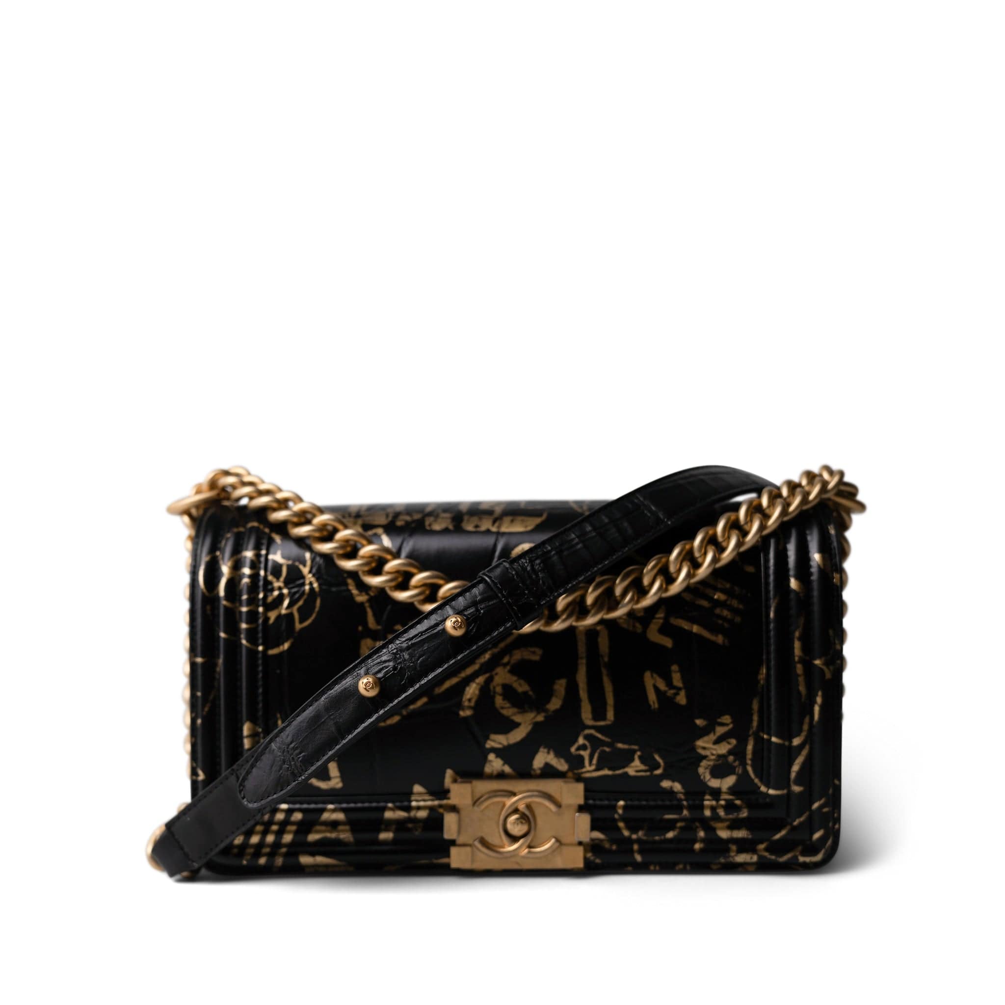 CHANEL 19A Old Medium Le Boy Black and Gold Crocodile Embossed Graffiti - Redeluxe