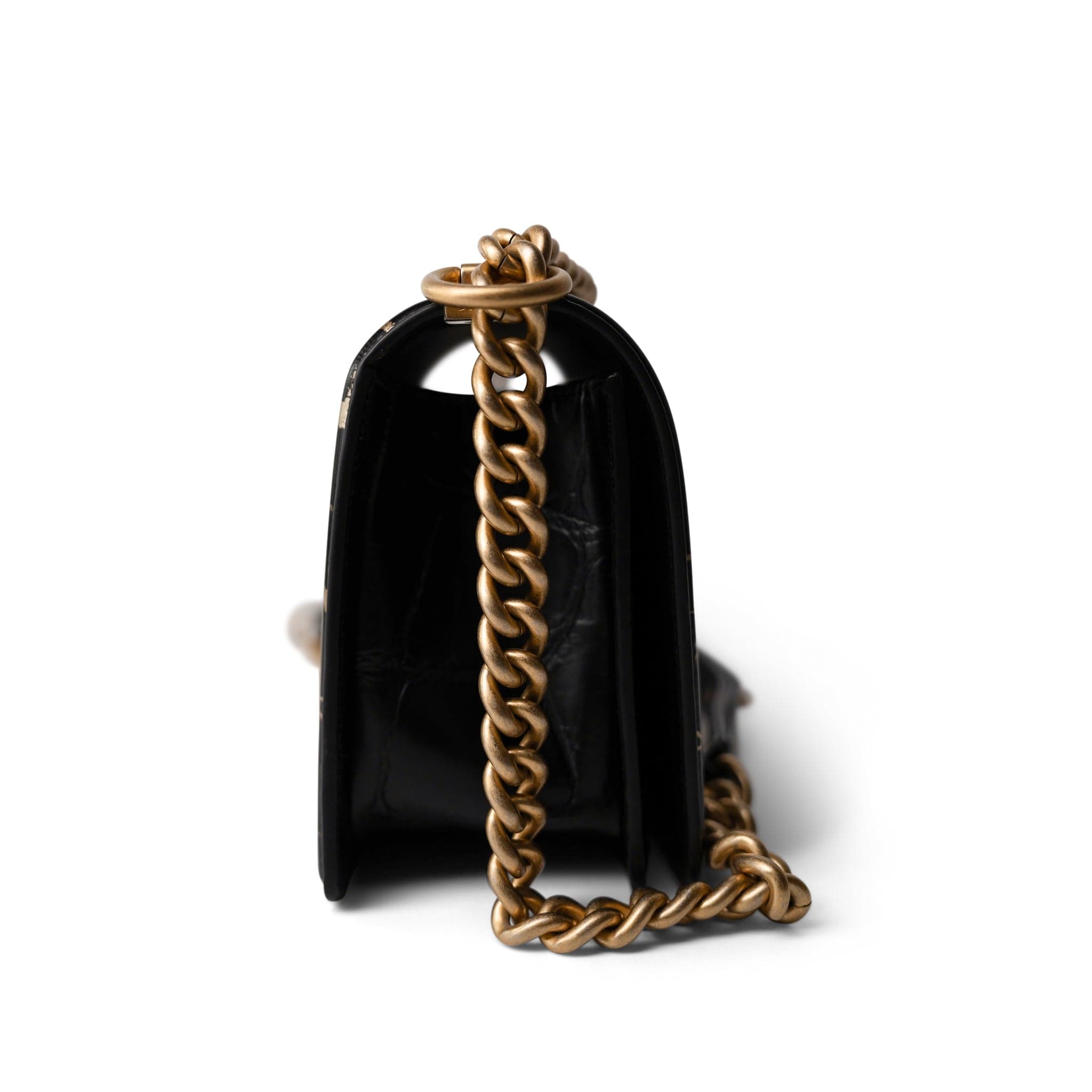 CHANEL 19A Old Medium Le Boy Black and Gold Crocodile Embossed Graffiti - Redeluxe