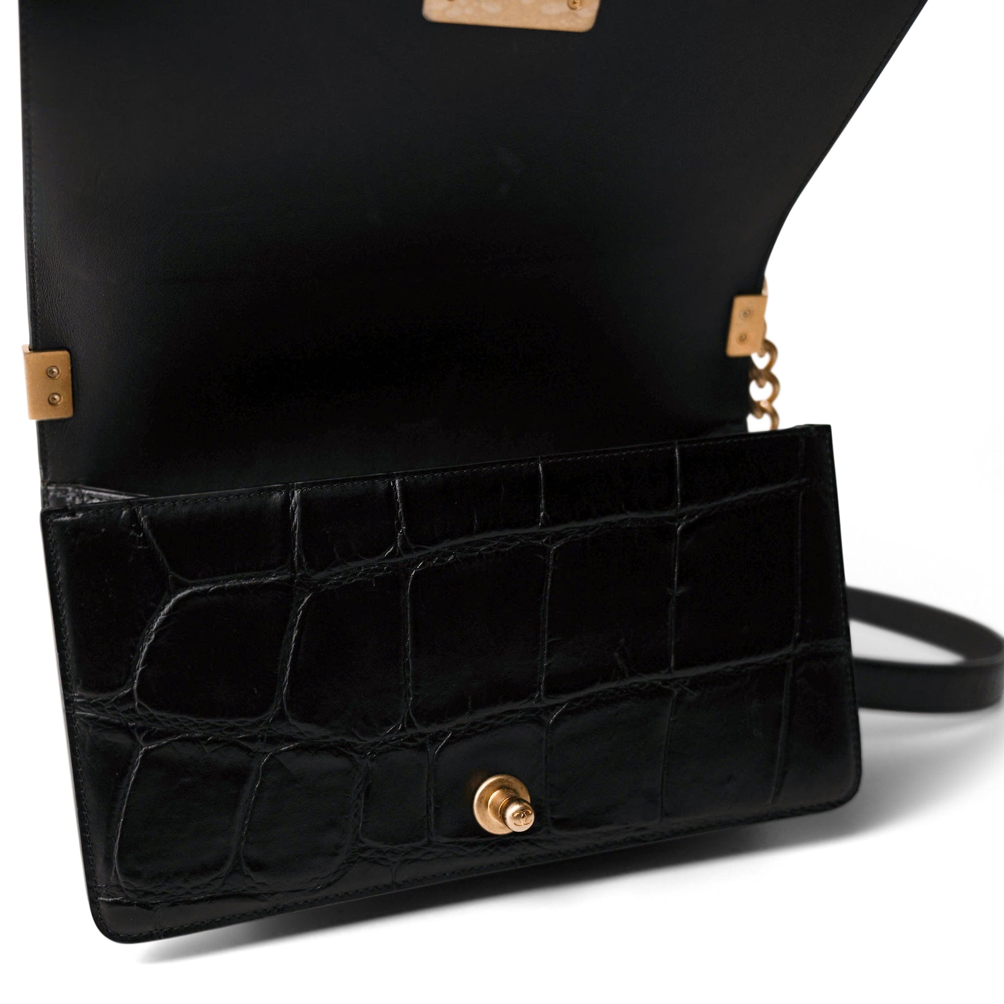 CHANEL 19A Old Medium Le Boy Black and Gold Crocodile Embossed Graffiti - Redeluxe