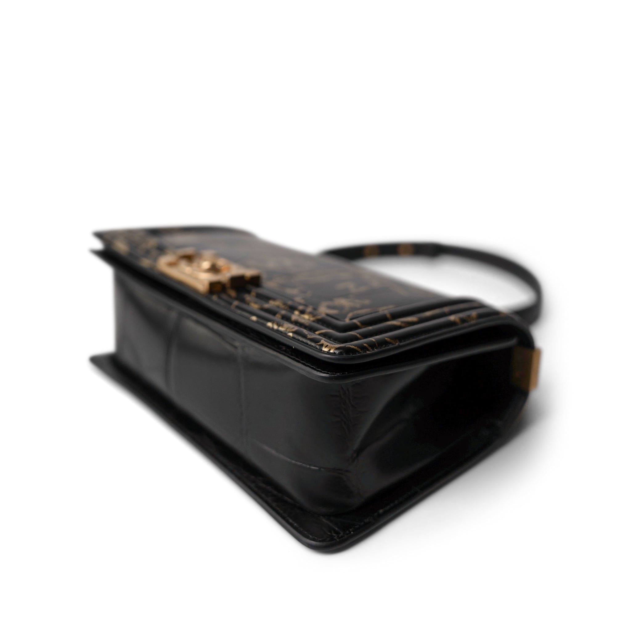 CHANEL 19A Old Medium Le Boy Black and Gold Crocodile Embossed Graffiti - Redeluxe