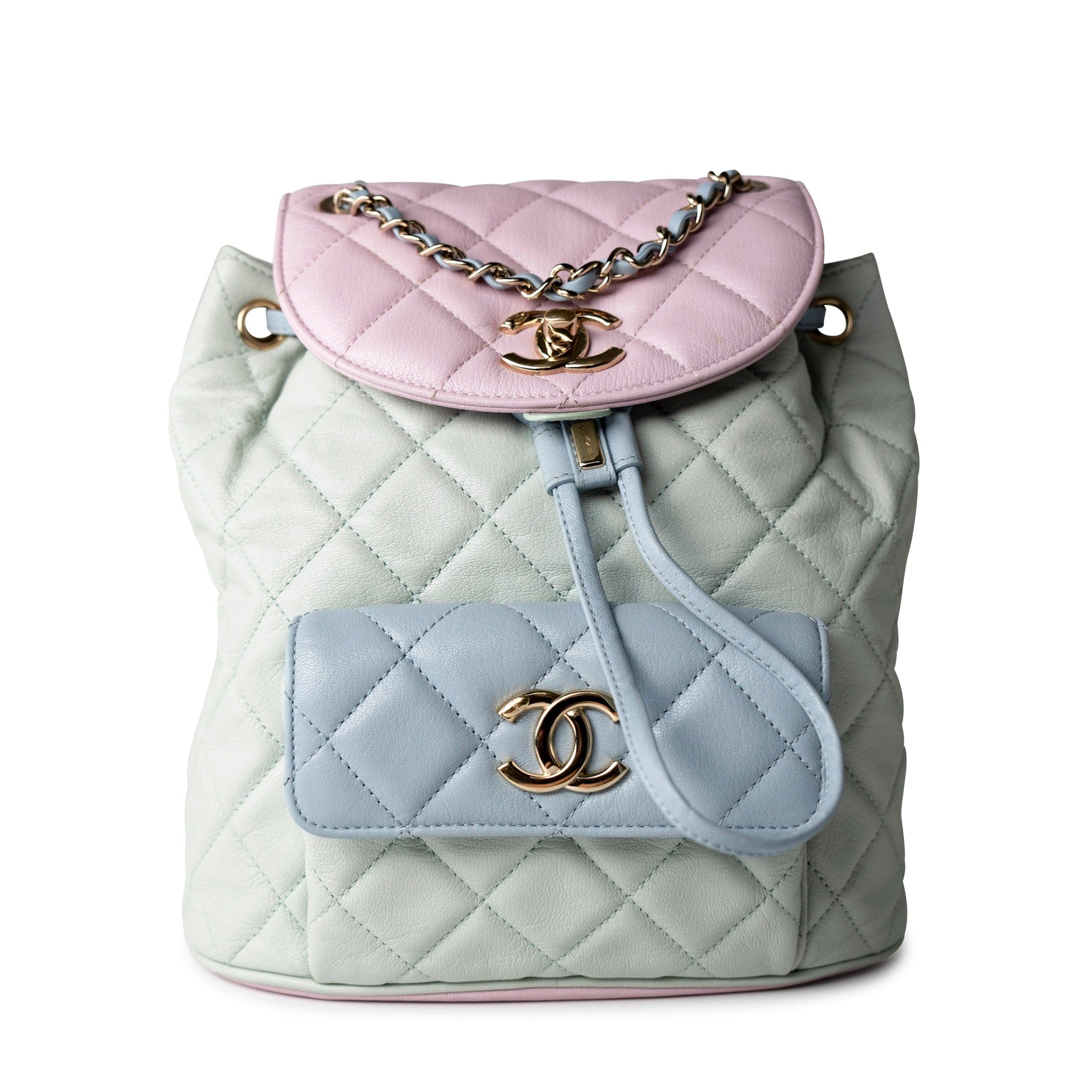 CHANEL Goatskin Quilted Duma Drawstring Backpack Green Blue Pink