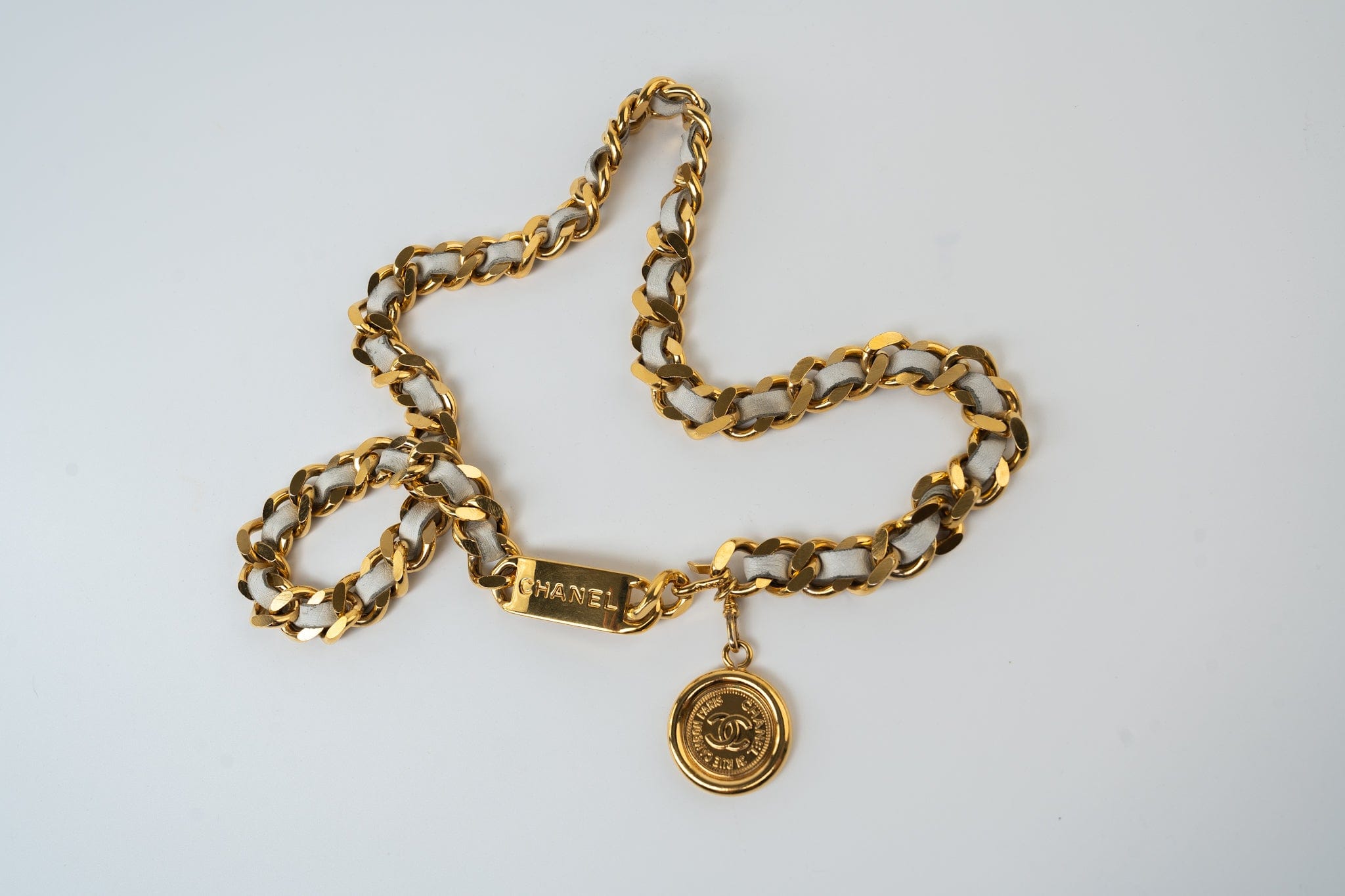 CHANEL Belt Gold Vintage White / Gold Coco Mark Chain Belt - Redeluxe