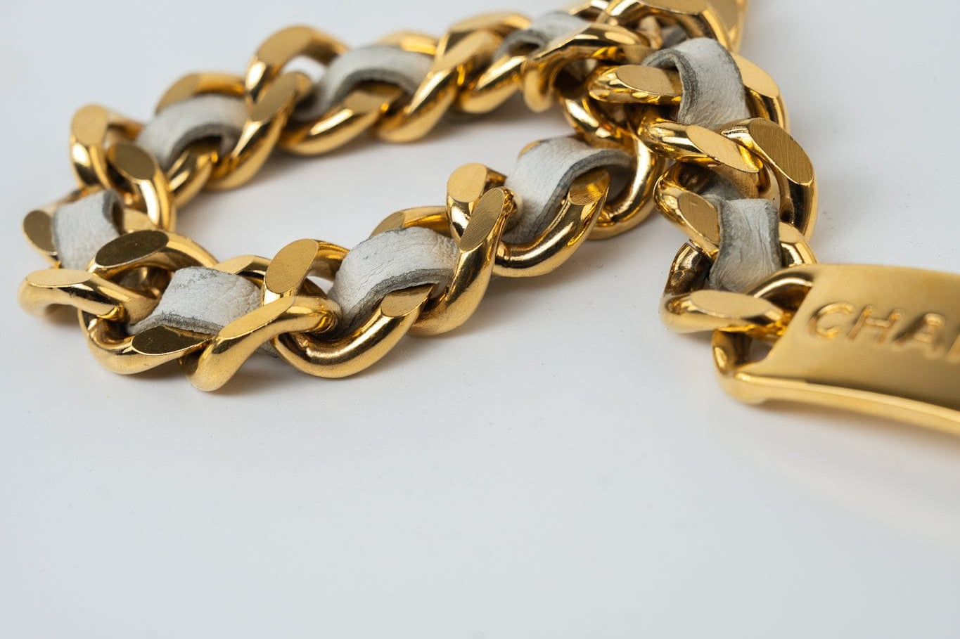 CHANEL Belt Gold Vintage White / Gold Coco Mark Chain Belt - Redeluxe