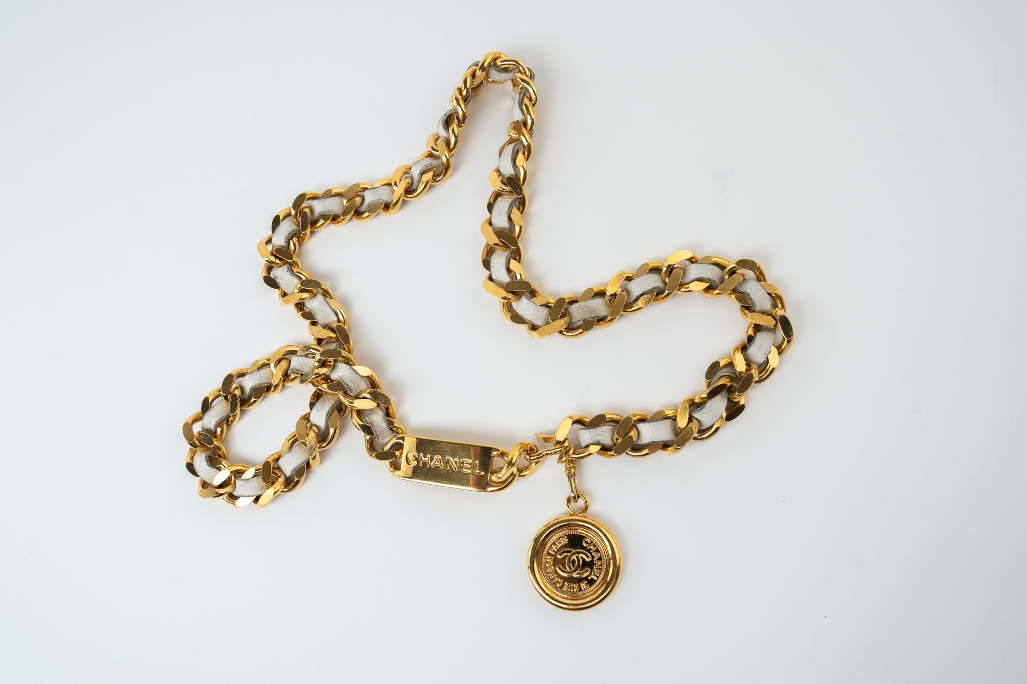 CHANEL Belt Gold Vintage White / Gold Coco Mark Chain Belt - Redeluxe