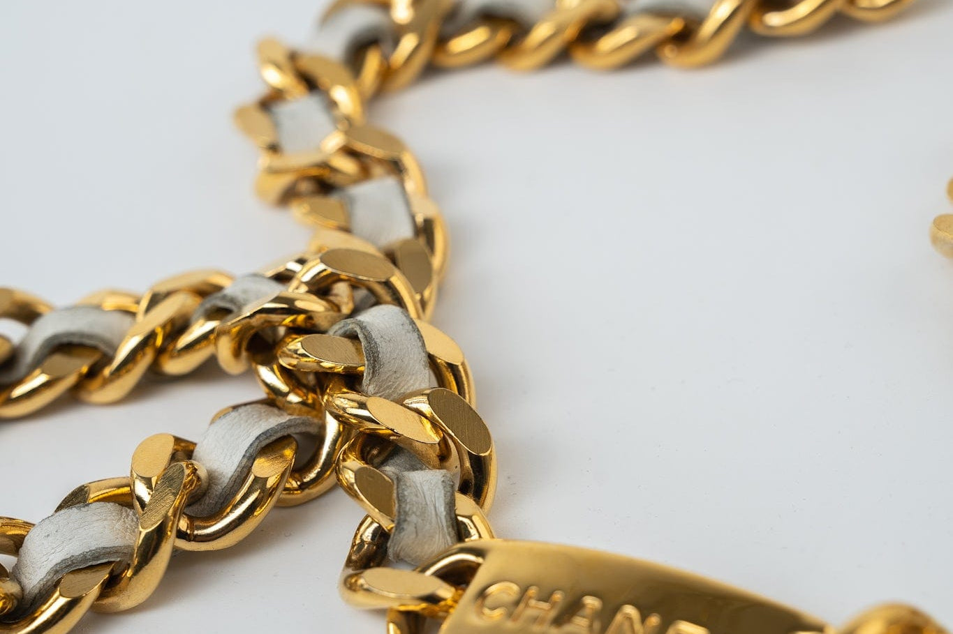 CHANEL Belt Gold Vintage White / Gold Coco Mark Chain Belt - Redeluxe