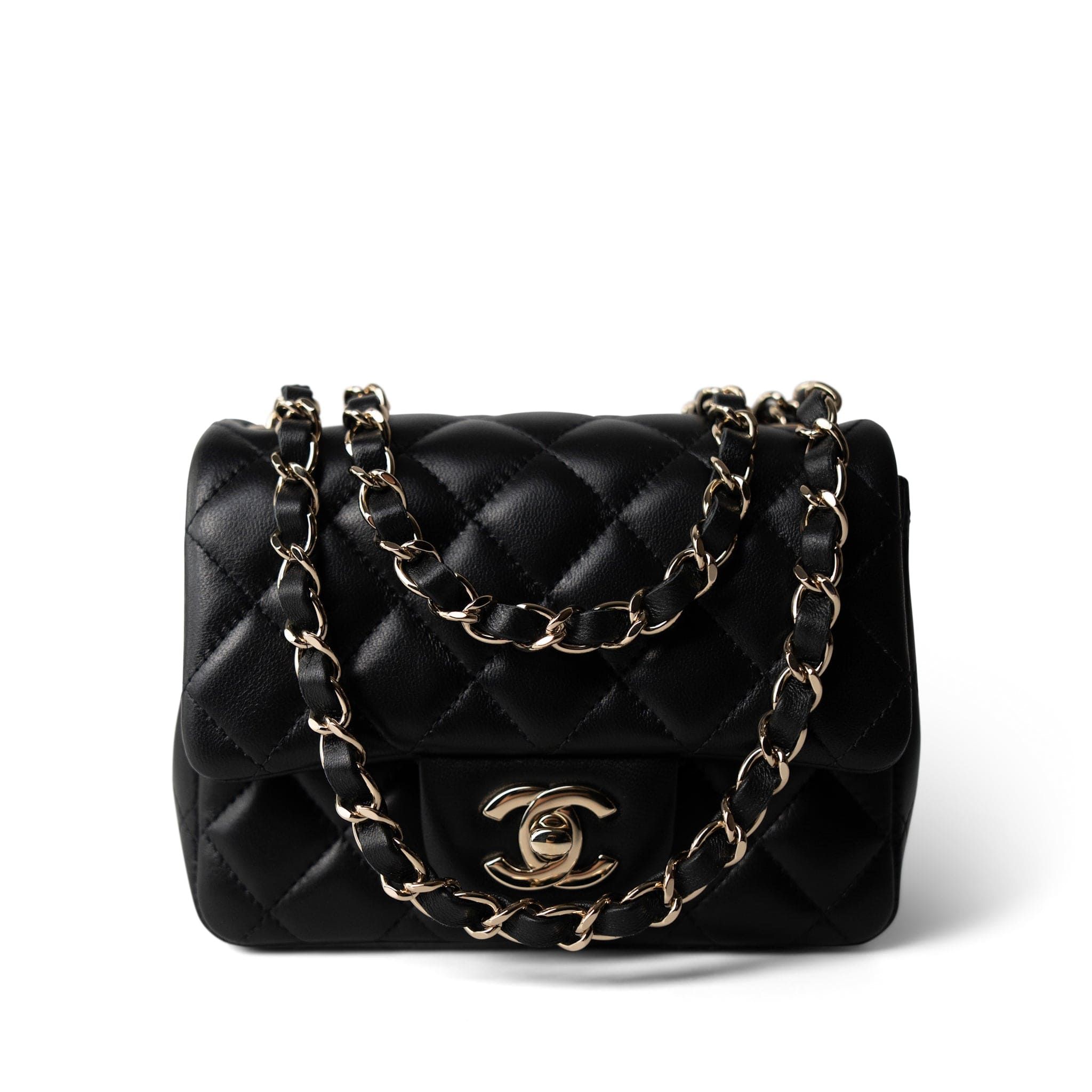 CHANEL Black 21P Black Lambskin Quilted Mini Square Flap Light Gold Hardware - Redeluxe