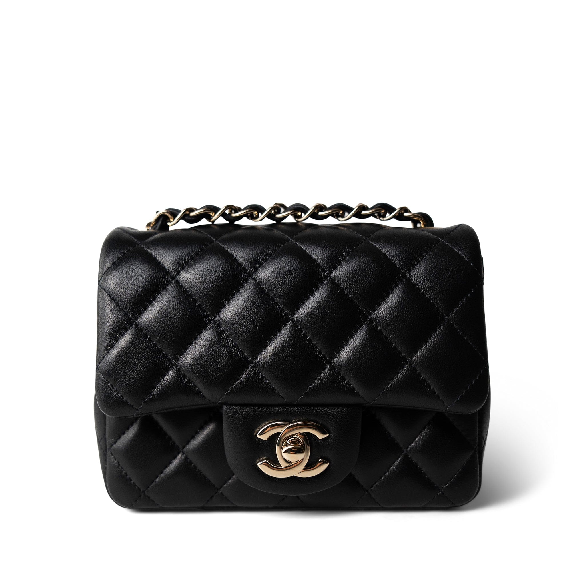 CHANEL Black 21P Black Lambskin Quilted Mini Square Flap Light Gold Hardware - Redeluxe
