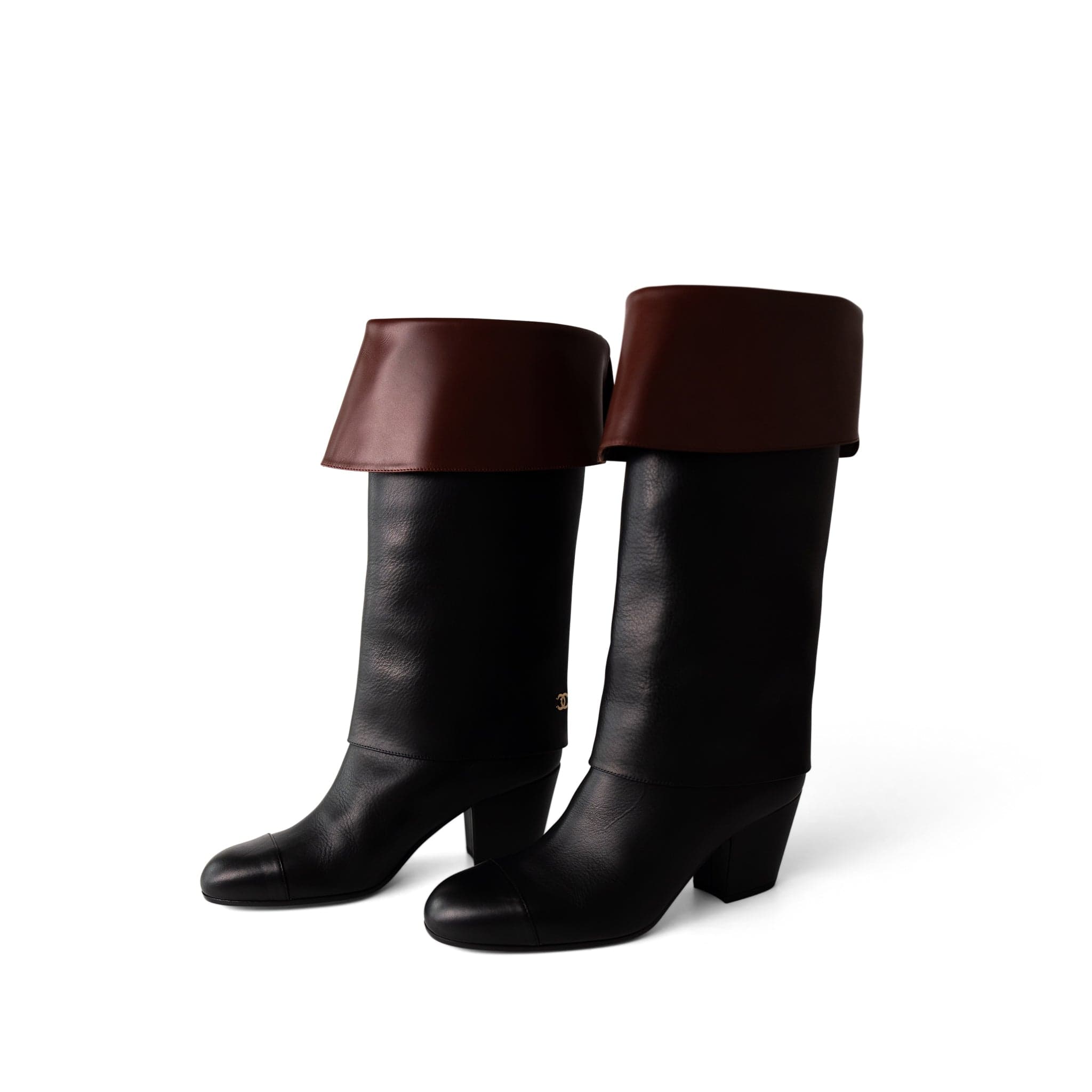 CHANEL Boots Black 20K CC Black & Brown High Boots (Size 39.5 / 9.5 US) - Redeluxe