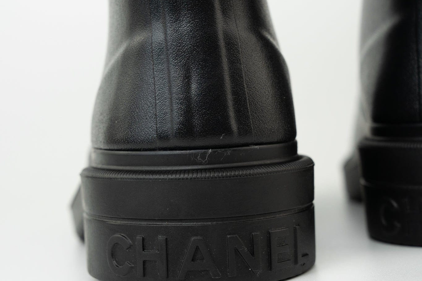 CHANEL Boots Size 36.5 22A Black Caoutchouk CC High Boots - Redeluxe