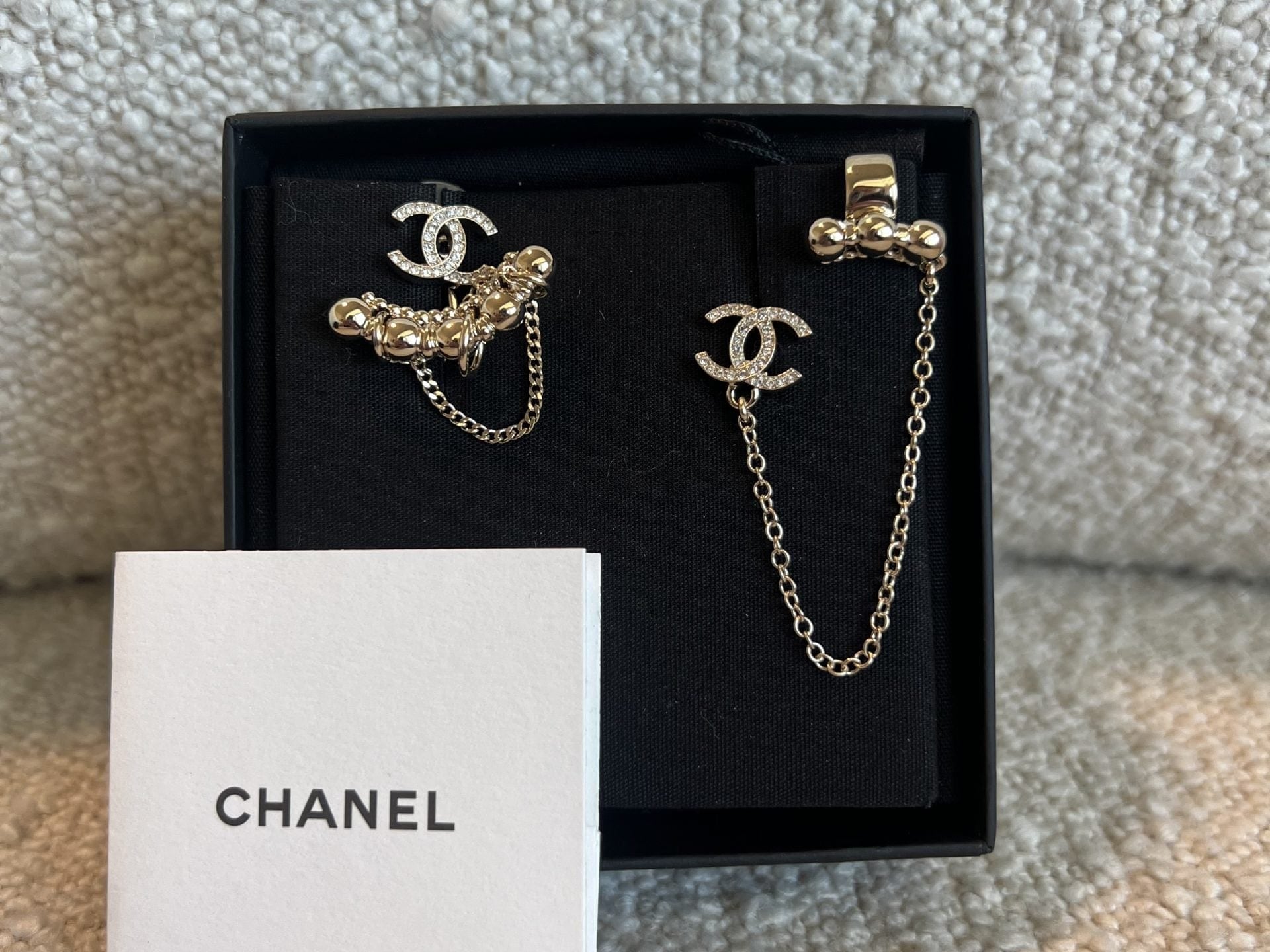 CHANEL Earrings 22C Metal Crystal CC Chain Cuff Gold Earrings - Redeluxe