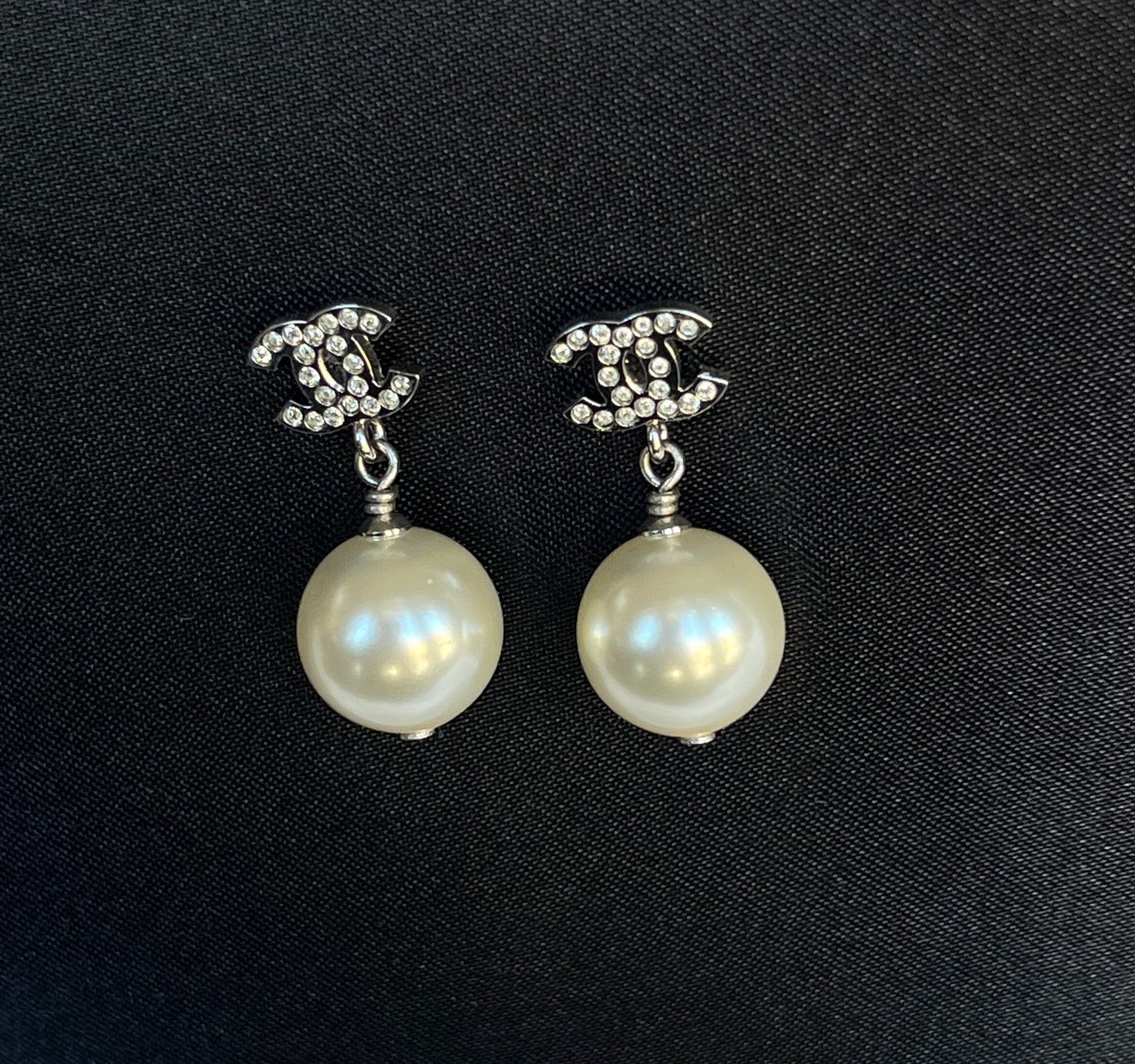 CHANEL Earrings Chanel Pearl Mini Crystal CC Logo Drop Earrings - Redeluxe