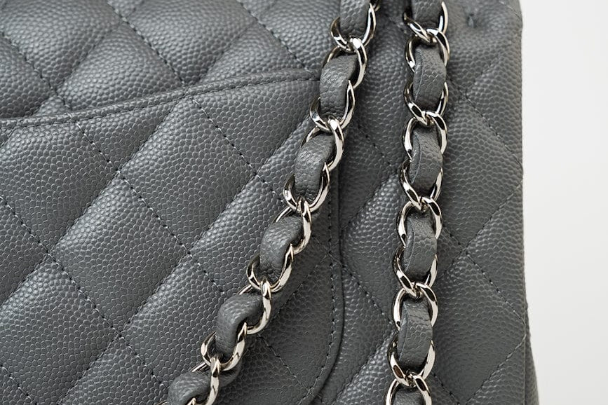 CHANEL Handbag 17B Grey Caviar Quilted Classic Flap Medium Silver Hardware - Redeluxe