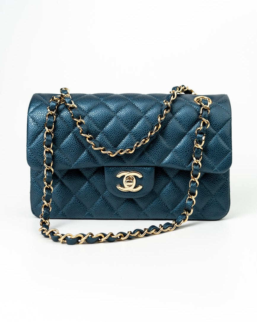CHANEL Handbag 18S Dark Blue Small Caviar Quilted Classic Double Flap Light Gold Hardware - Redeluxe