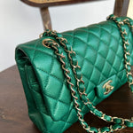 CHANEL Handbag 18S Emerald Green Caviar Quilted Classic Flap Medium Light Gold Hardware - Redeluxe