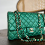 CHANEL Handbag 18S Emerald Green Caviar Quilted Classic Flap Medium Light Gold Hardware - Redeluxe