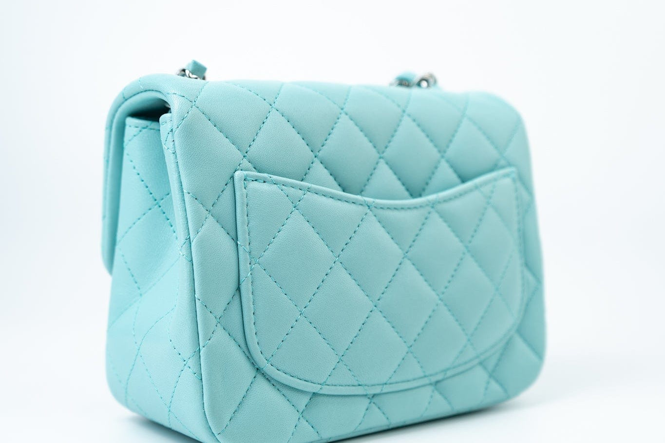 CHANEL Handbag 19c Tiffany Blue Lambskin Quilted Mini Square Single Flap Silver Hardware - Redeluxe
