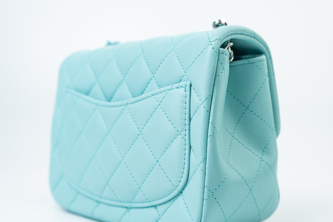CHANEL Handbag 19c Tiffany Blue Lambskin Quilted Mini Square Single Flap Silver Hardware - Redeluxe