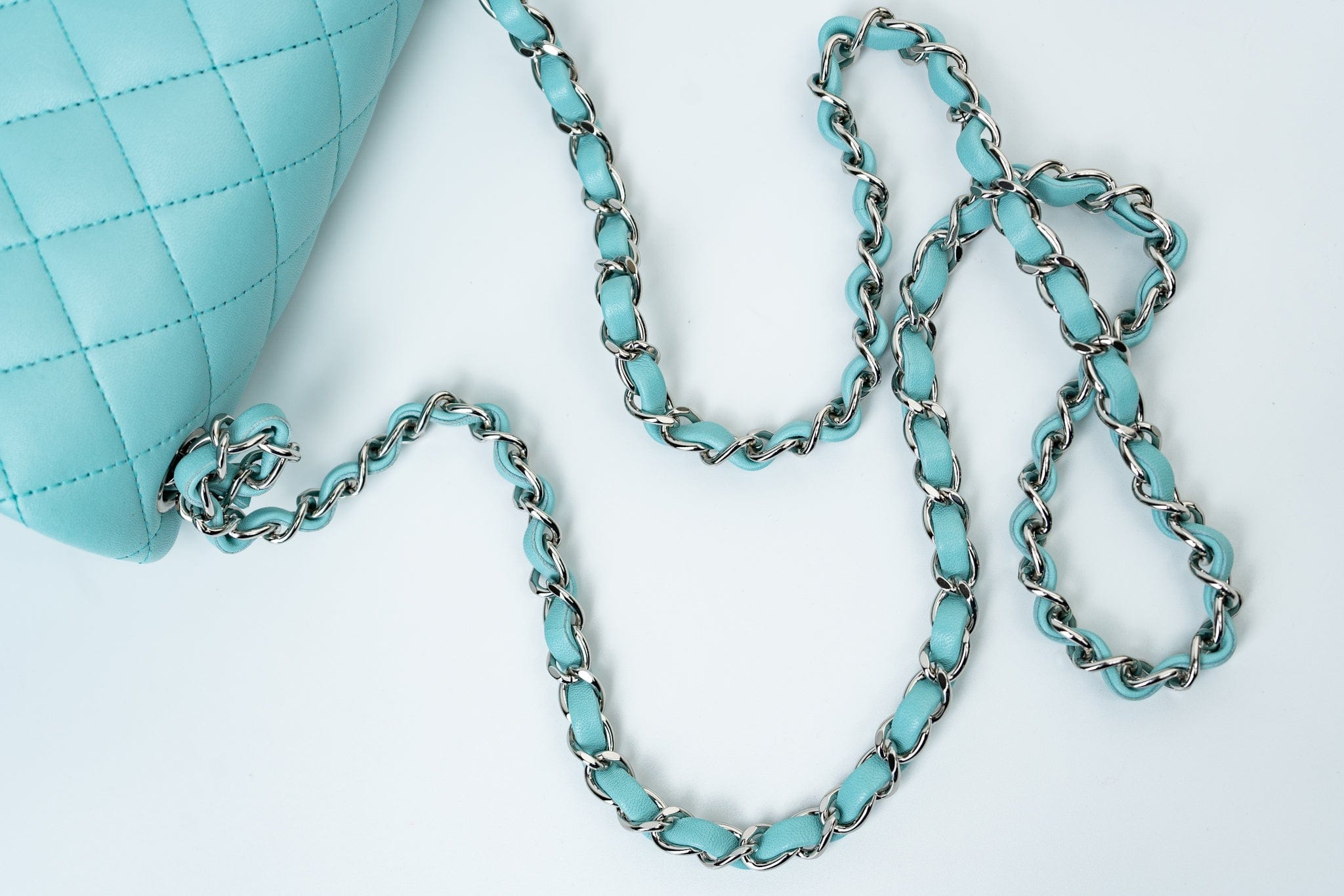 CHANEL Handbag 19c Tiffany Blue Lambskin Quilted Mini Square Single Flap Silver Hardware - Redeluxe
